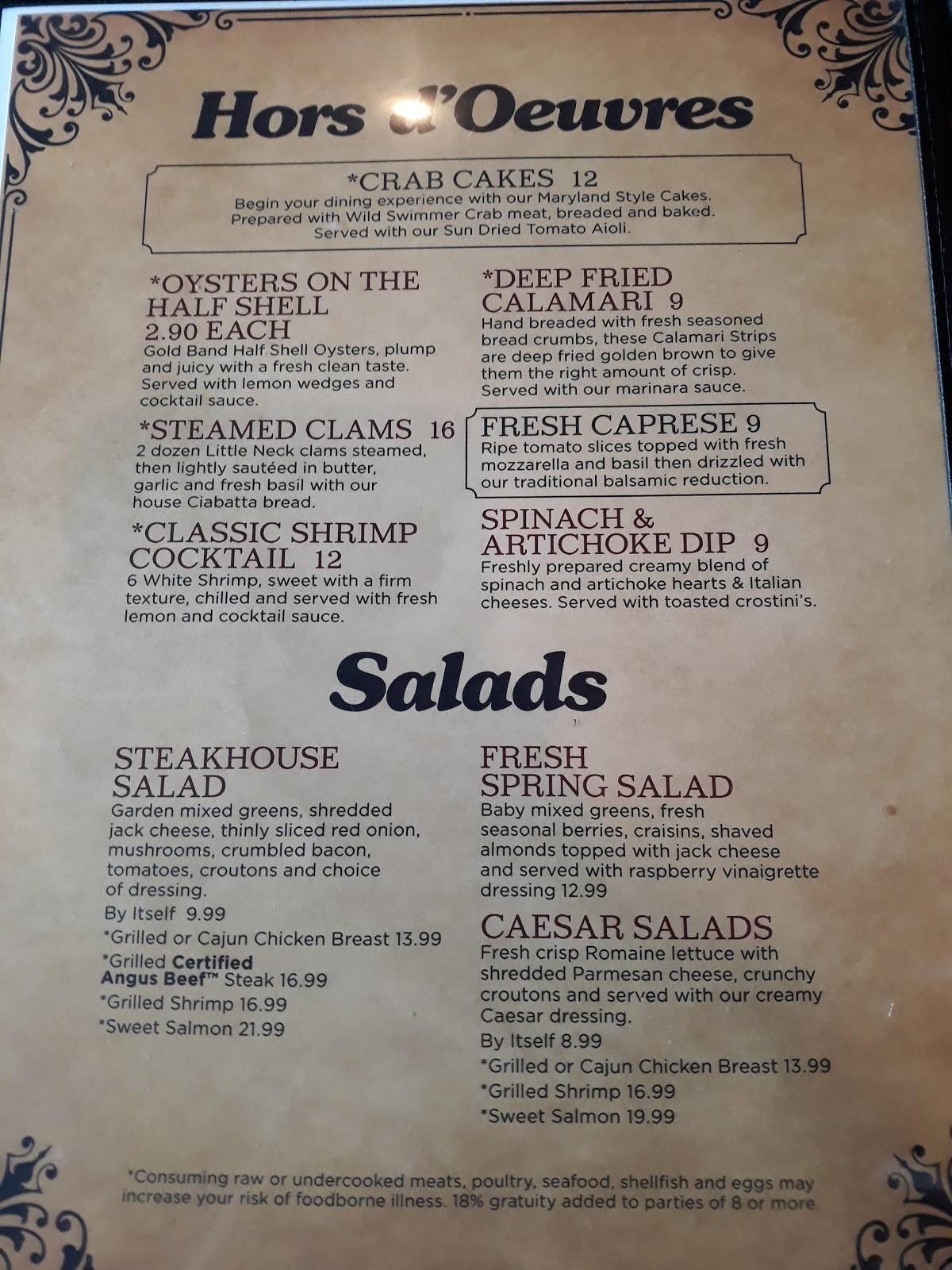 Menu at Kingman Chophouse steakhouse, Kingman