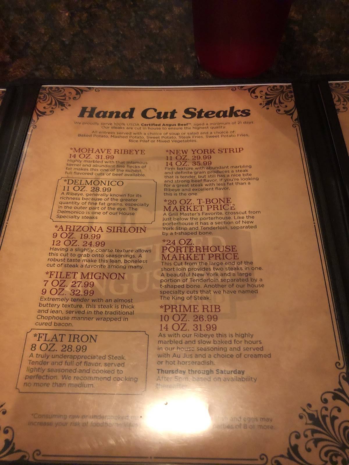 Menu at Kingman Chophouse steakhouse, Kingman
