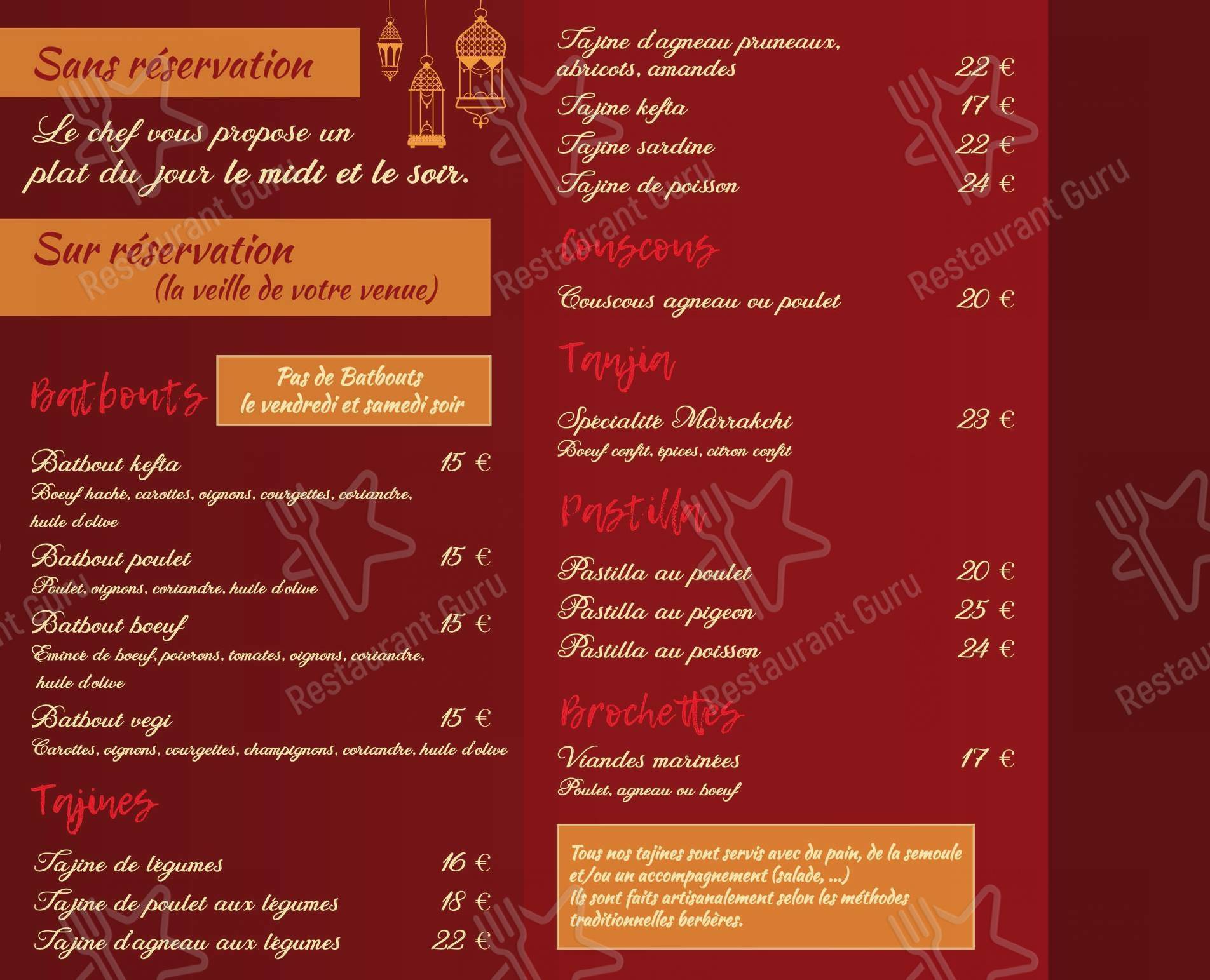 Menu au La Berbère restaurant, Perpignan