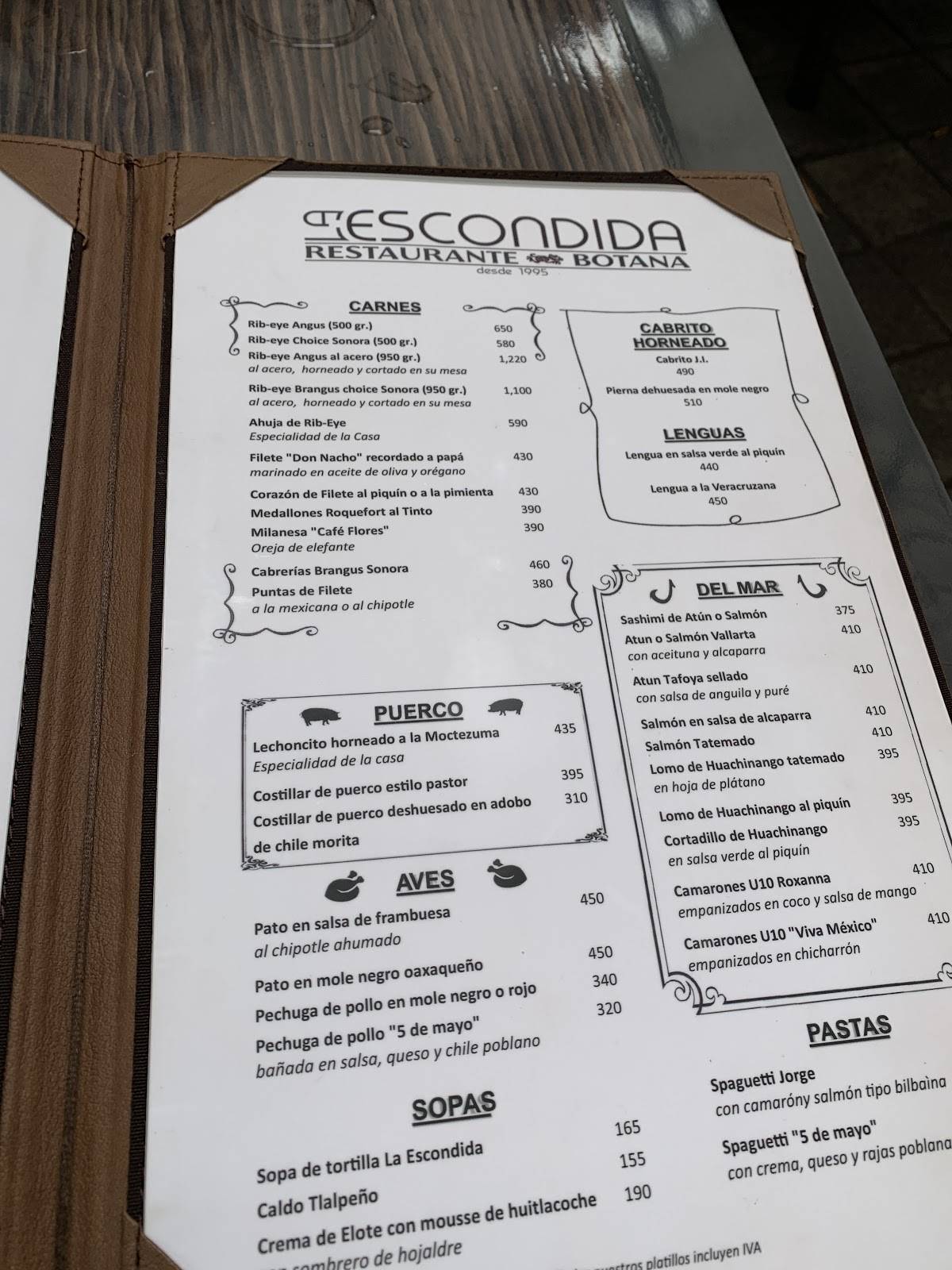 Carta del restaurante La Escondida, Monterrey, Río Verde 147