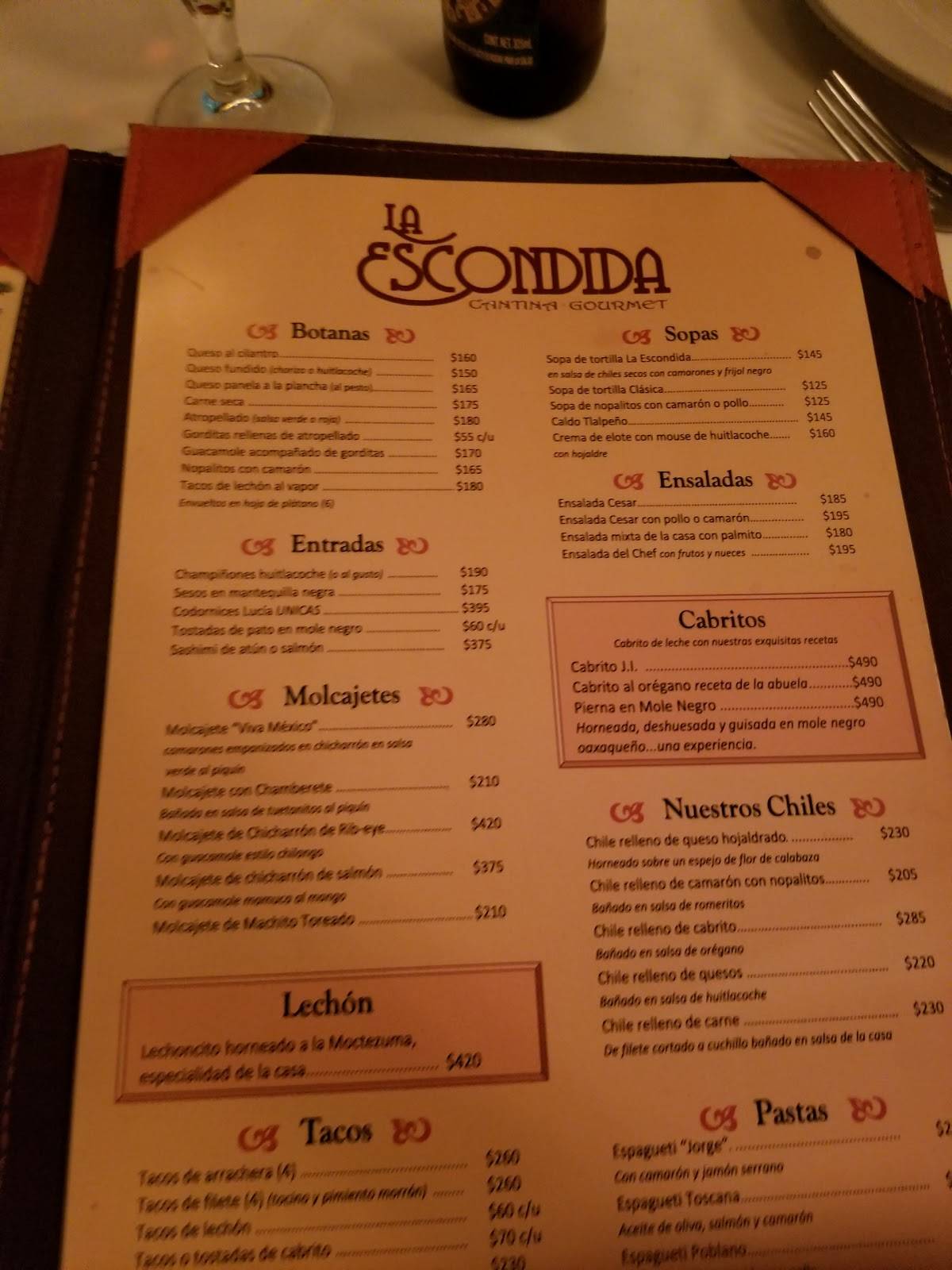 Carta del restaurante La Escondida, Monterrey, Río Verde 147