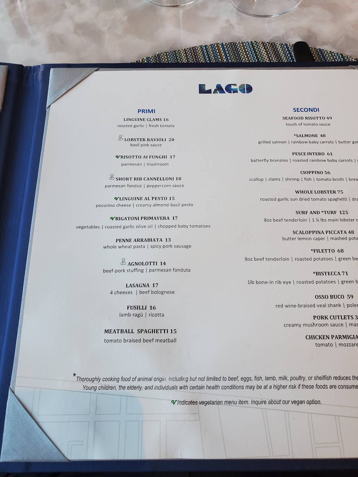 Menu at Lago restaurant, Las Vegas, 3600 S Las Vegas Blvd