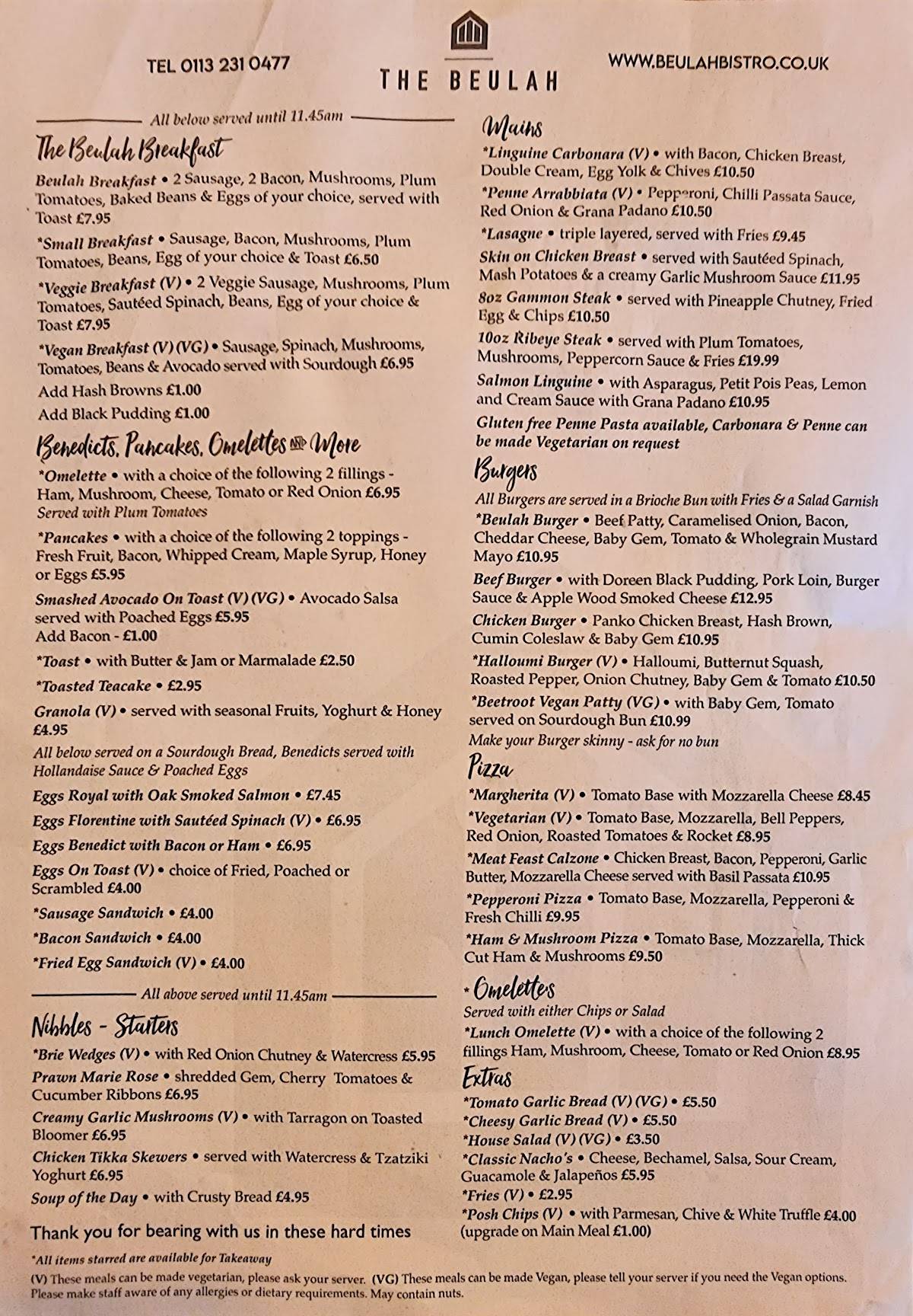 Menu at The Beulah Bistro Ltd pub & bar, Leeds