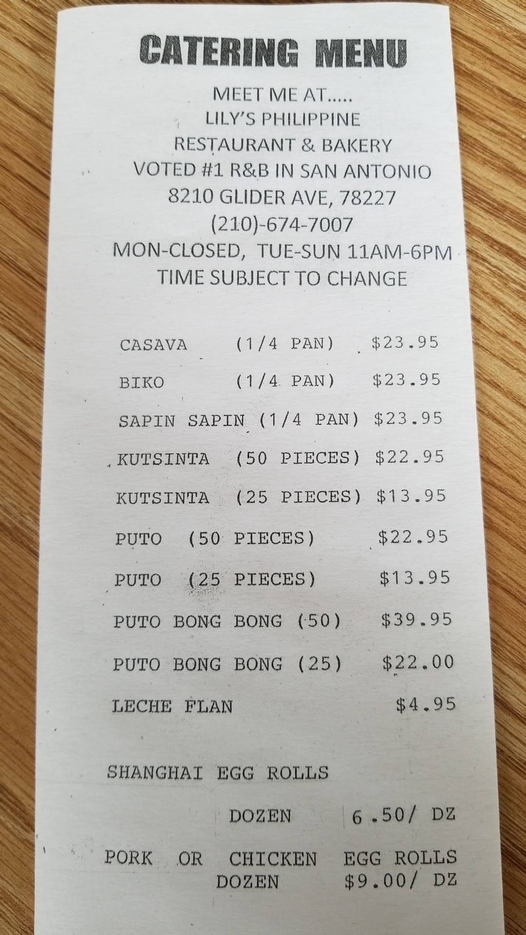 Menu at Lily's Philippine Restaurant, San Antonio