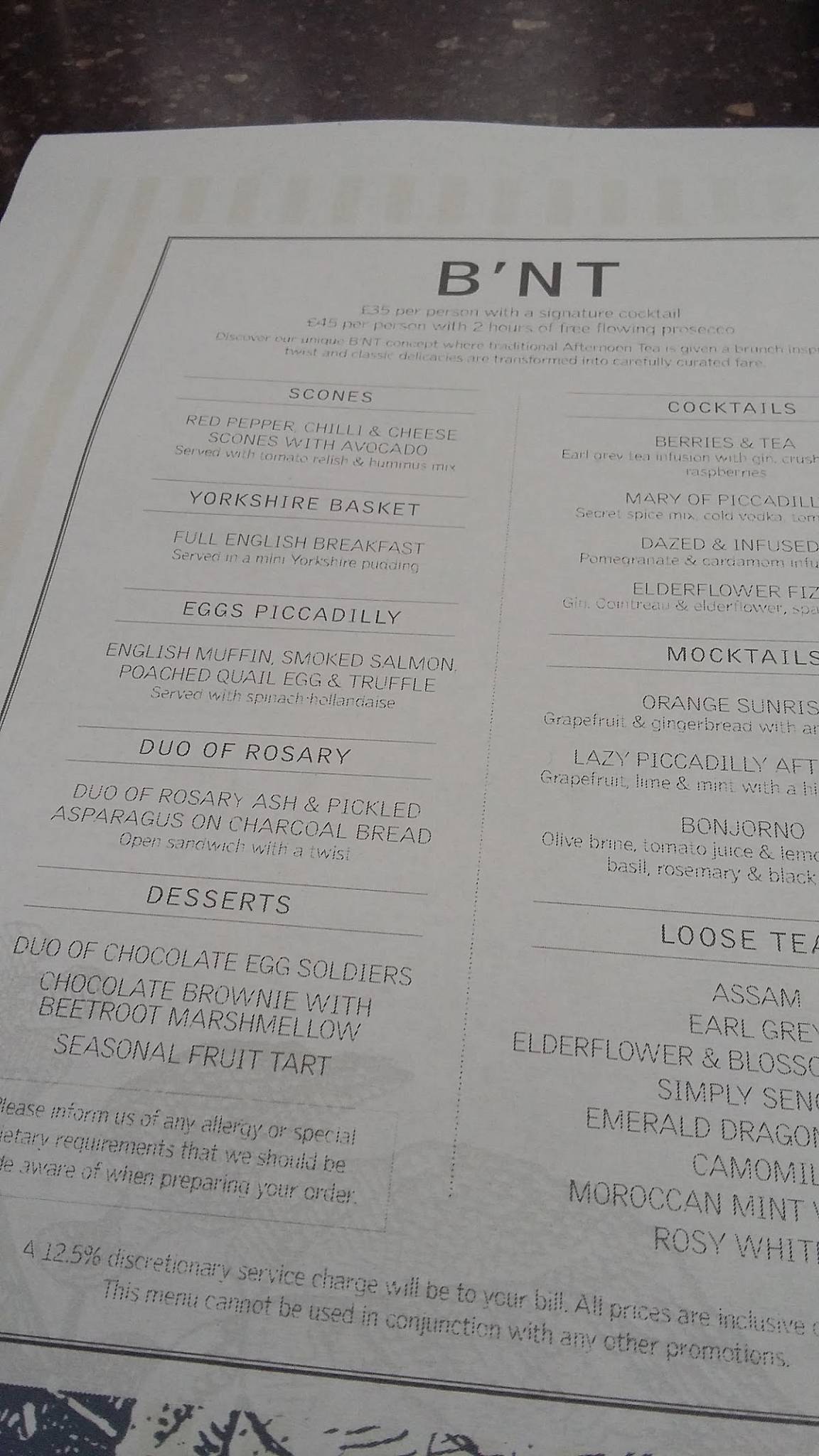 Menu at Terrace at The Dilly restaurant, London, 21 Piccadilly