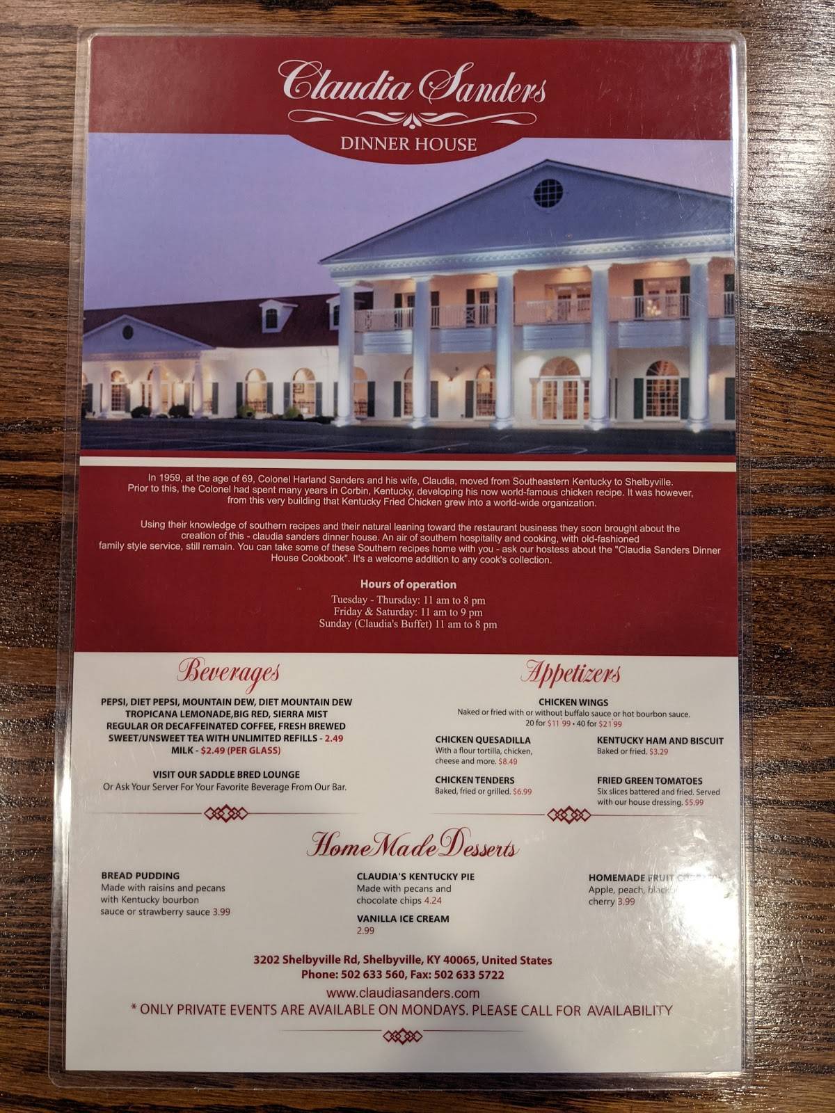 Menu at Claudia Sanders Dinner House restaurant, Shelbyville