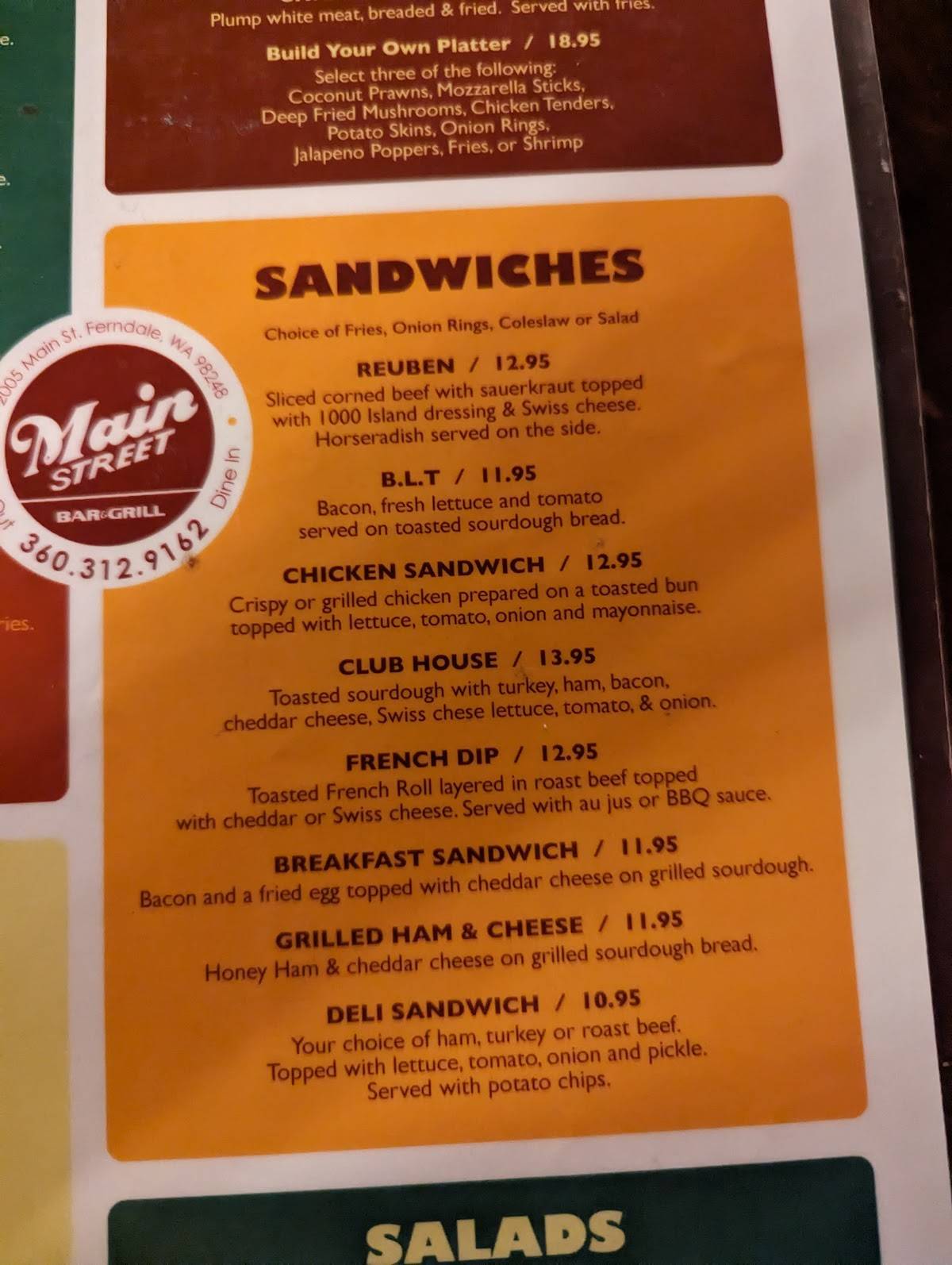 Menu at Main Street Bar & Grill, Ferndale