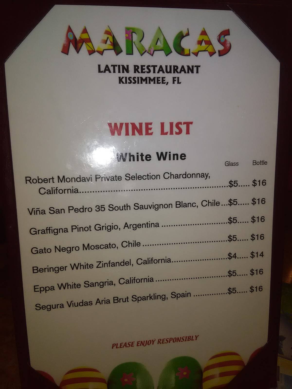 Menu at Maracas Restaurant, Kissimmee, S Orange Blossom Trail