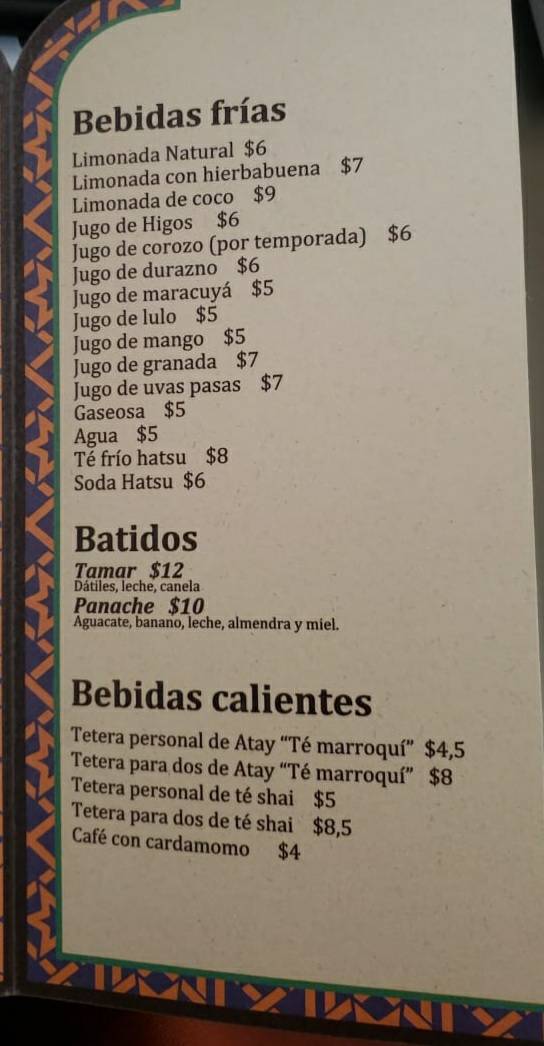 Carta del restaurante Marrakesh Comida Marroquí Chapinero Bogotá