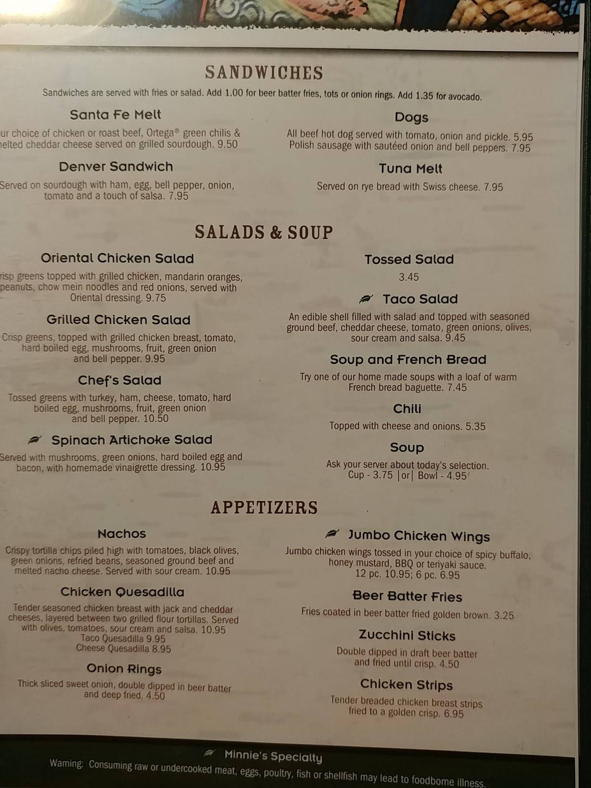 Menu at Minnie's Montana Cafe, Thompson Falls
