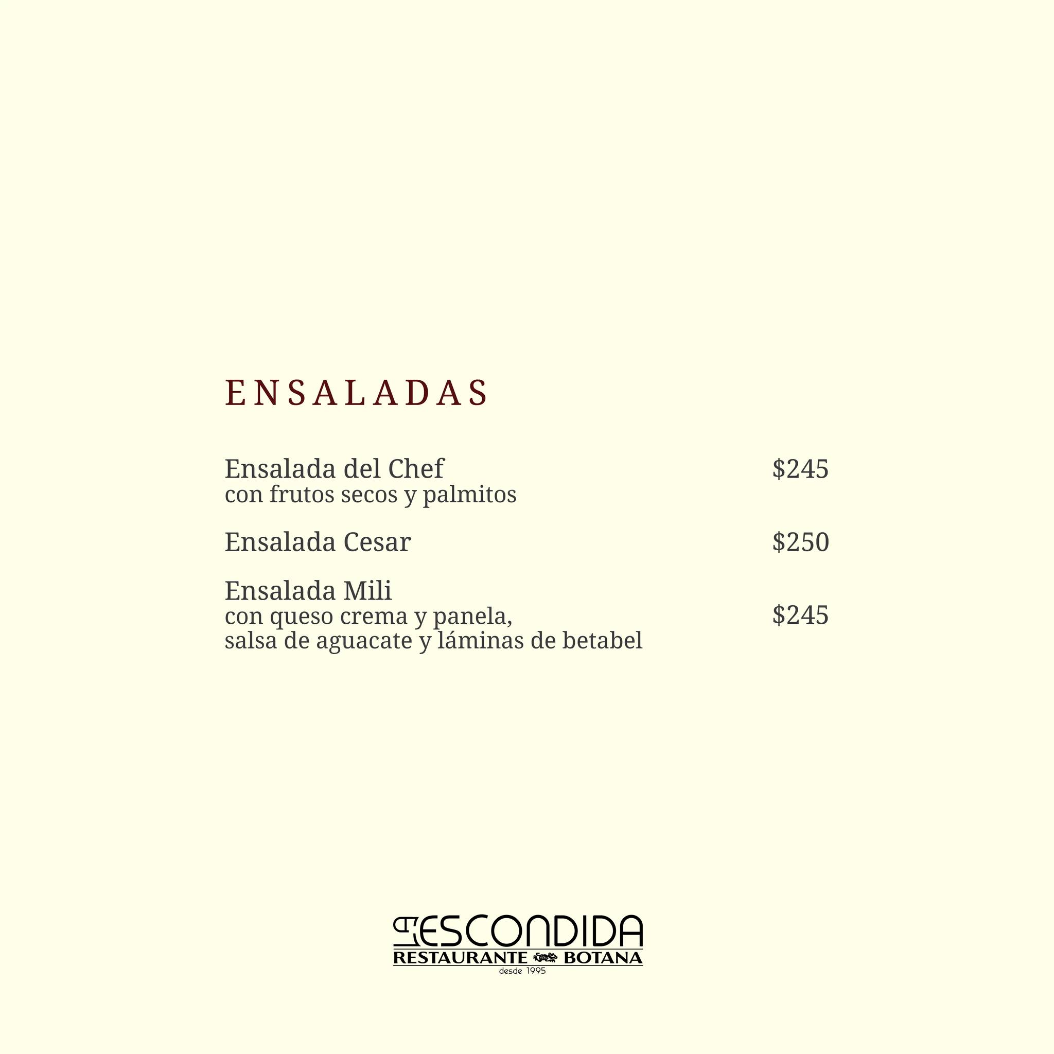 Carta del restaurante La Escondida, Monterrey, Río Verde 147