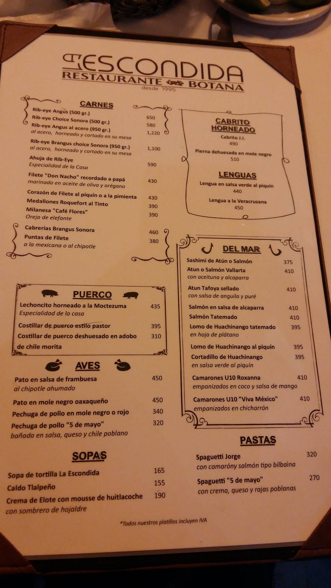Carta del restaurante La Escondida, Monterrey, Río Verde 147
