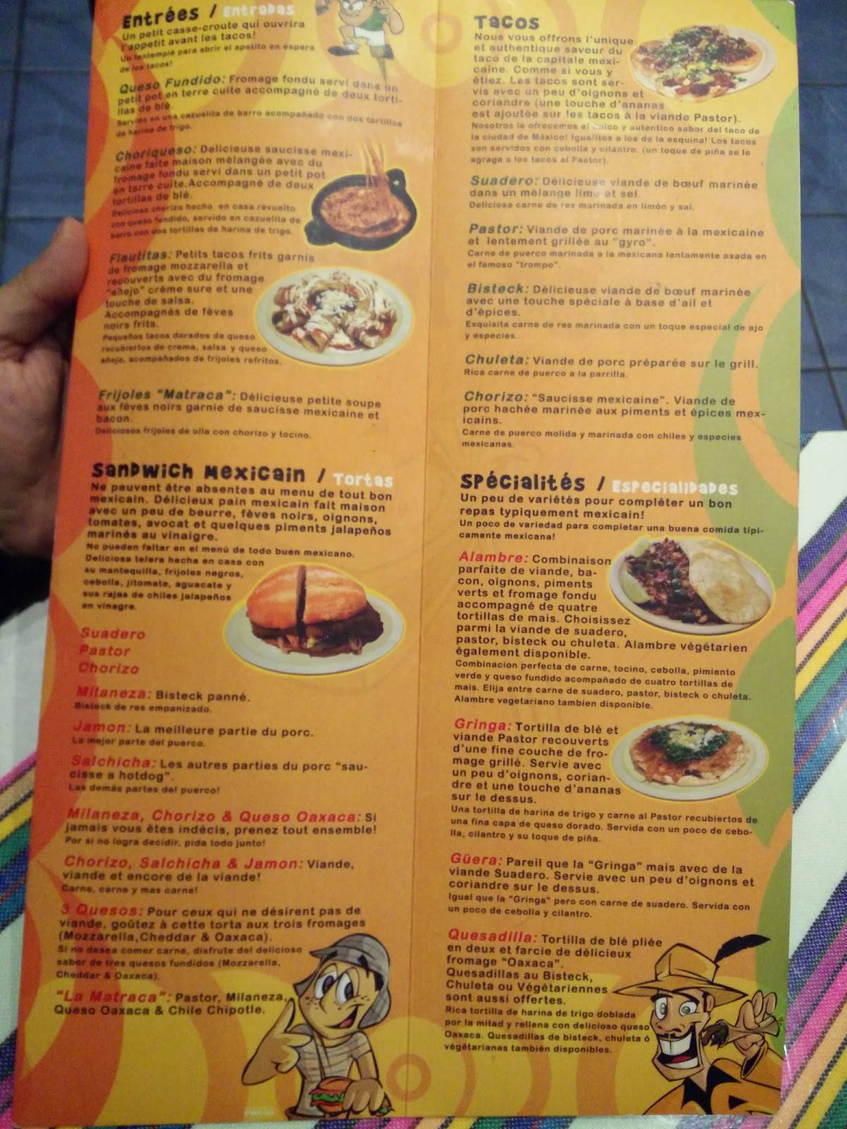 Menu at La Matraca restaurant, Montréal