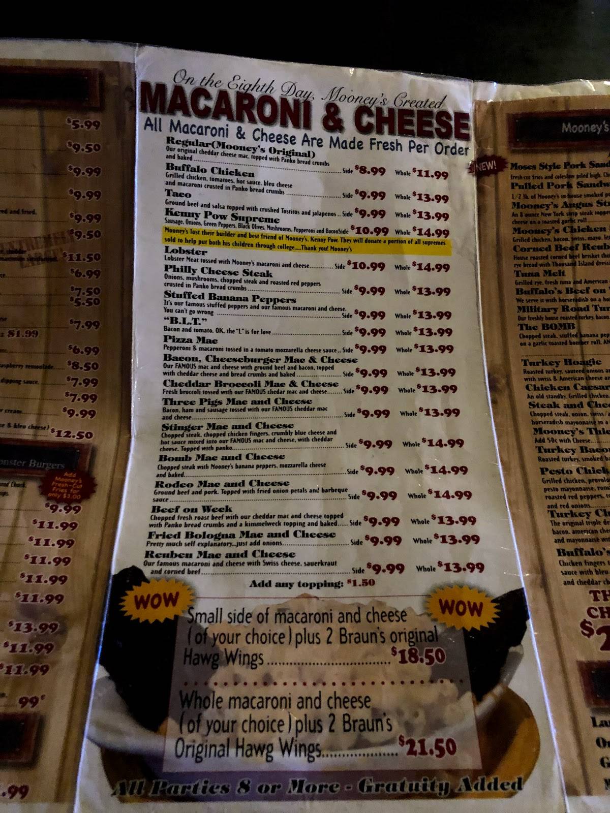 Menu at Mooney's Sports Bar & Grill, Kenmore, Military Rd