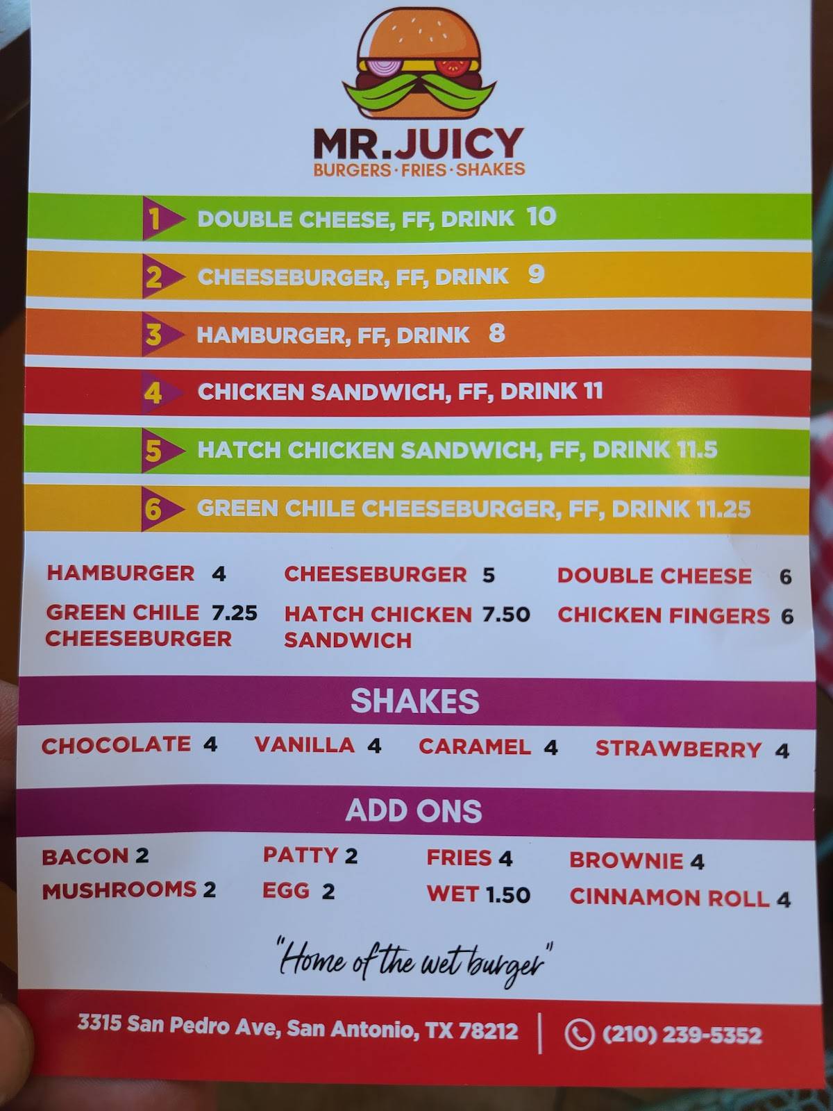 Menu at Mr Juicy restaurant, San Antonio
