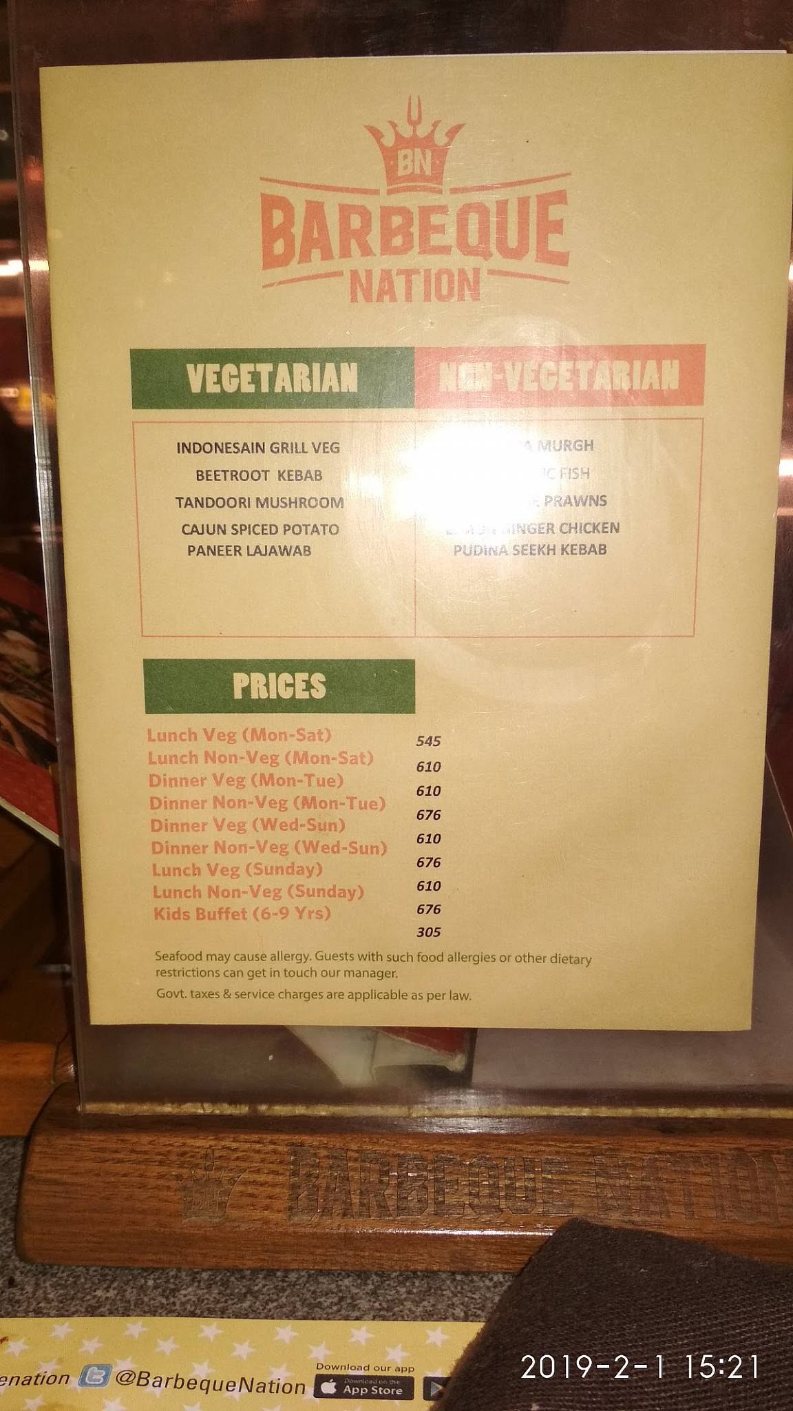 Menu at Barbeque Nation Nellore NVR Central, Nellore