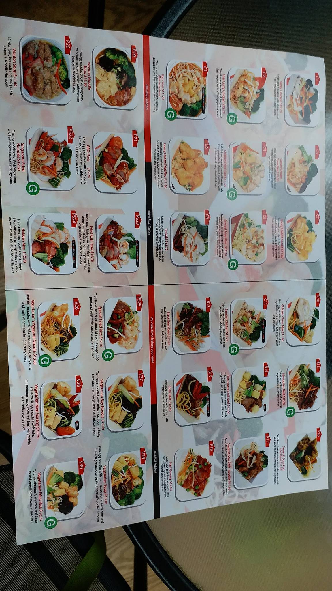 Menu at Noodle Box restaurant, Dunedin, 179 King Edward St