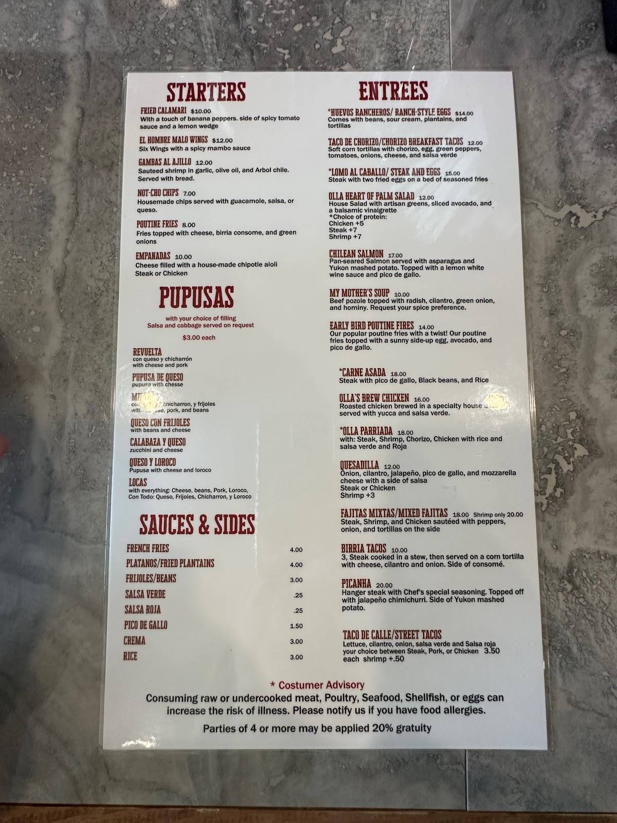 Menu at Olla Cafe & Bar, Stafford, Jefferson Davis Hwy STE 103