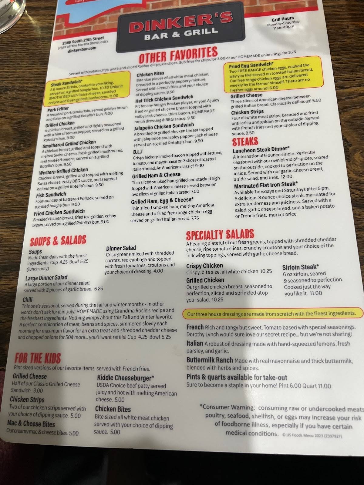 Menu at Dinkers Bar and Grill, Omaha