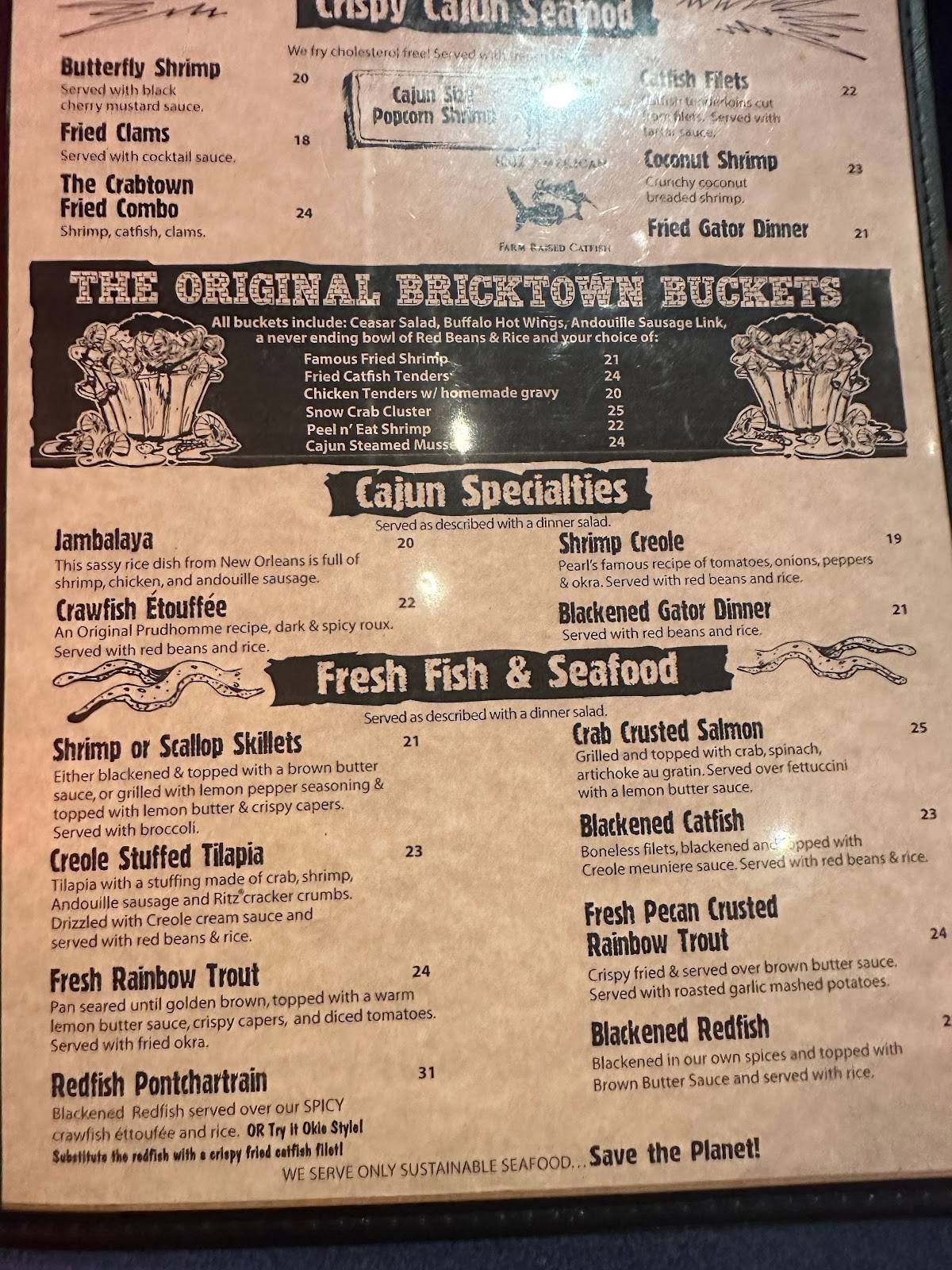 Menu at Pearl's Crabtown restaurant, Oklahoma City