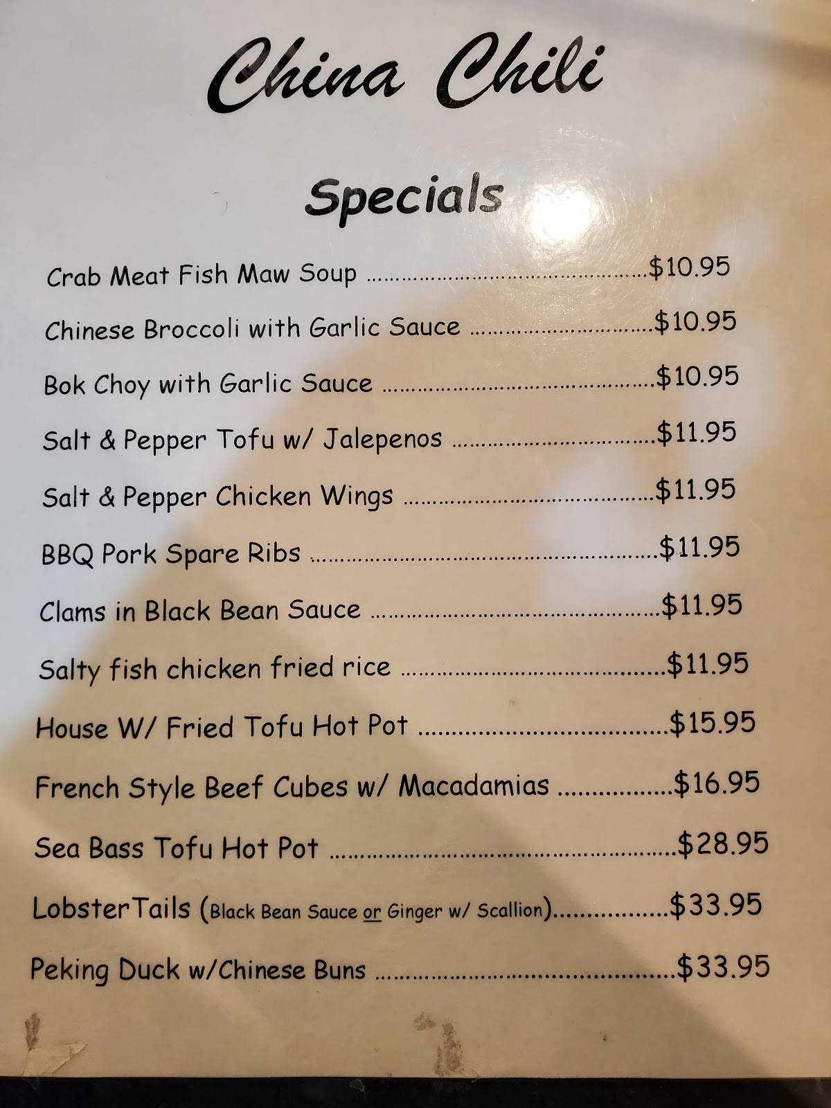 Menu at China Chili restaurant, Phoenix