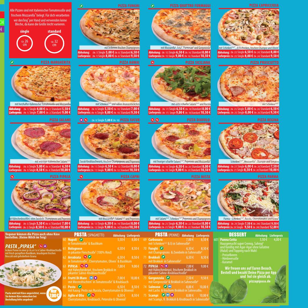 Speisekarte von PiPaSa Pizza Pasta Salat, Potsdam