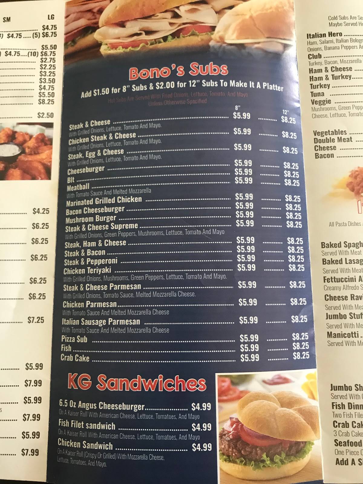 Menu at Pizza Bono pizzeria, King