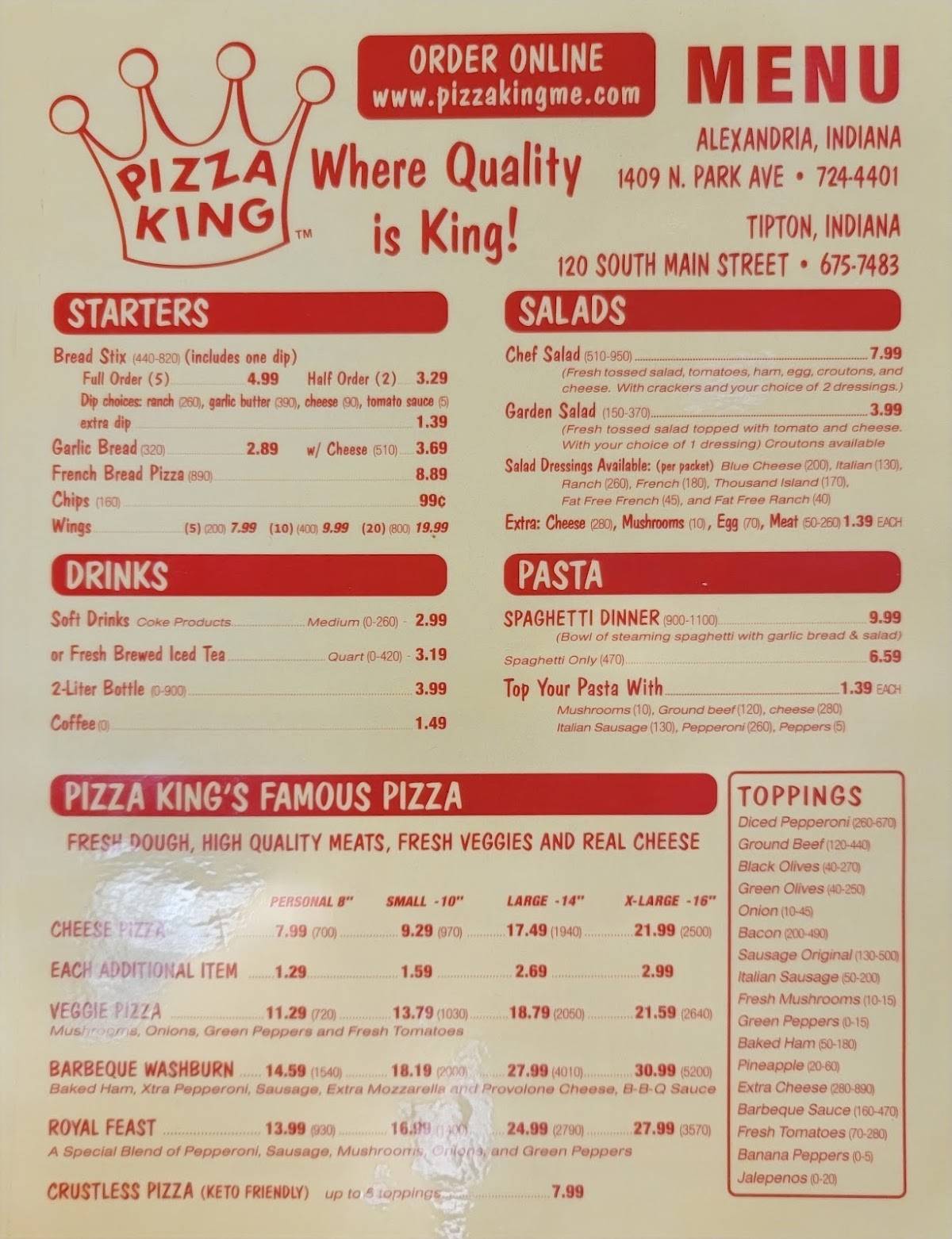 Menu At Pizza King Pizzeria, Tipton, 122 S Main St