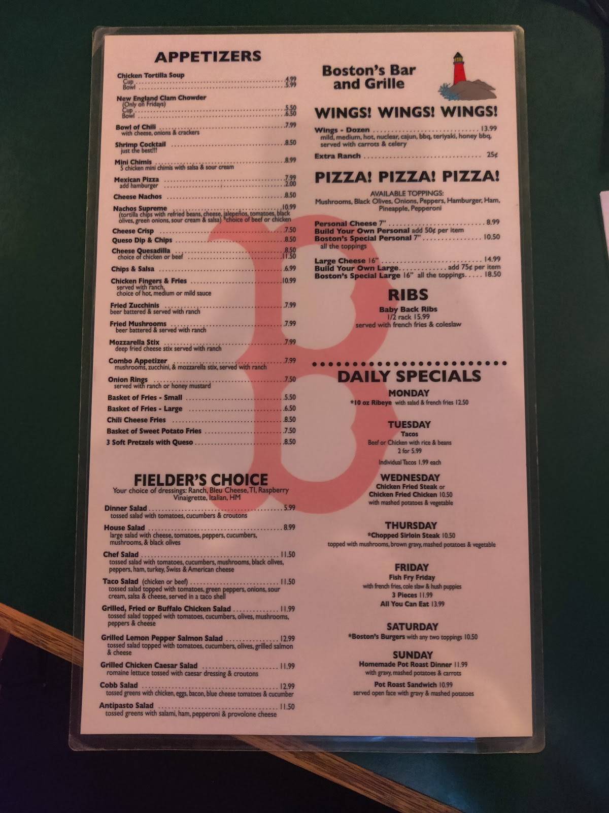Menu at Boston's Bar & Grille, Tempe