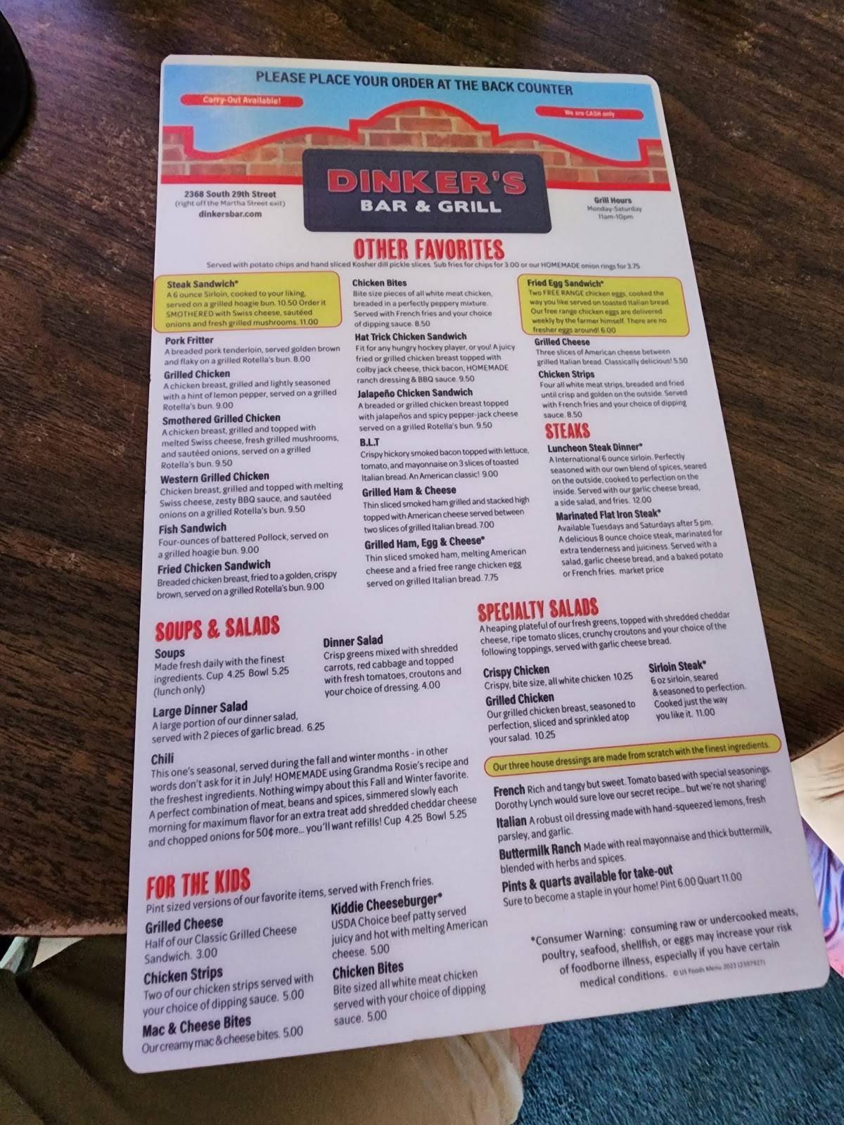 Menu at Dinkers Bar and Grill, Omaha