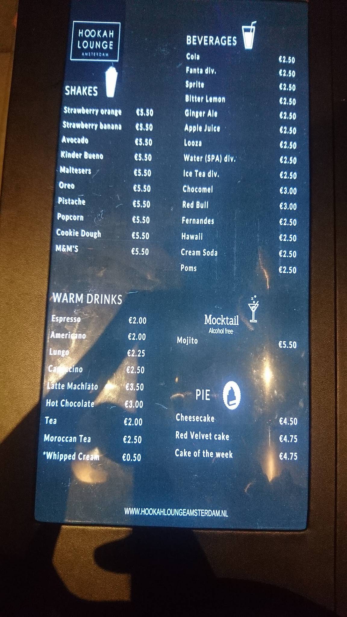 Speisekarte von Hookah Lounge Amsterdam, Amsterdam