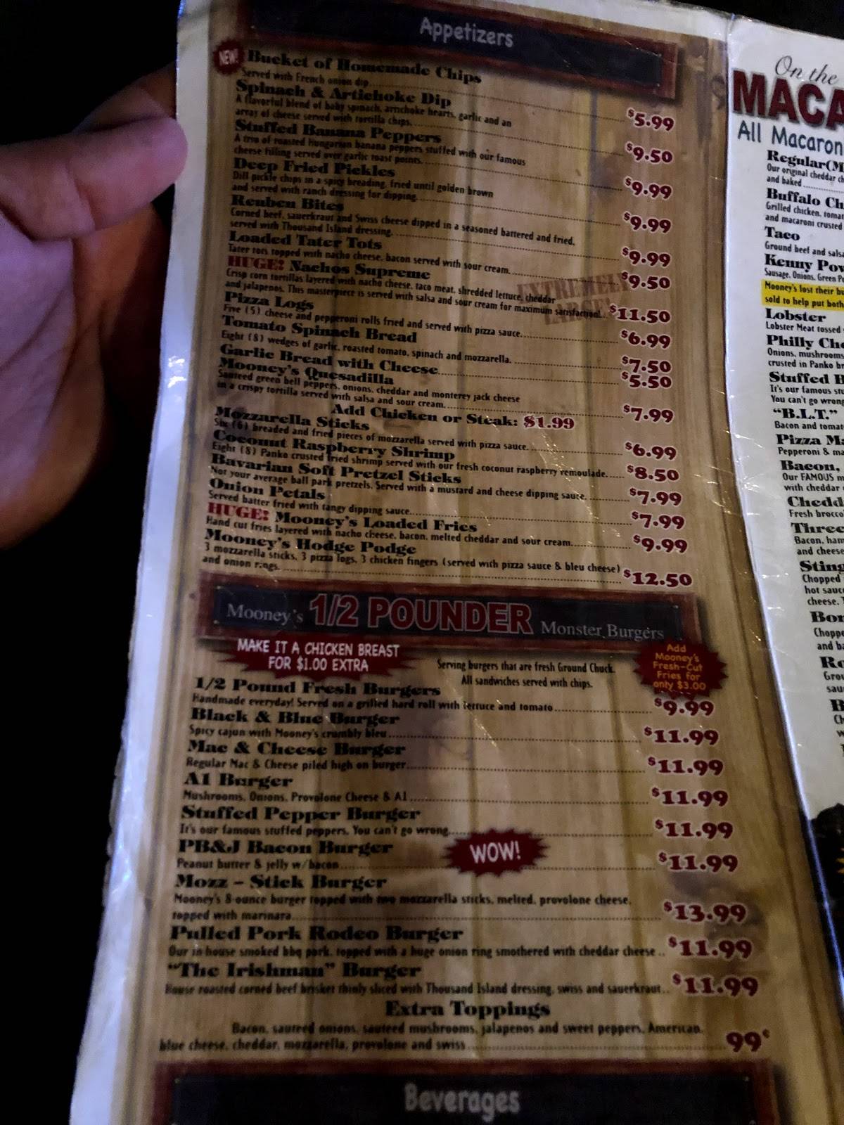 Menu at Mooney's Sports Bar & Grill, Kenmore, Military Rd