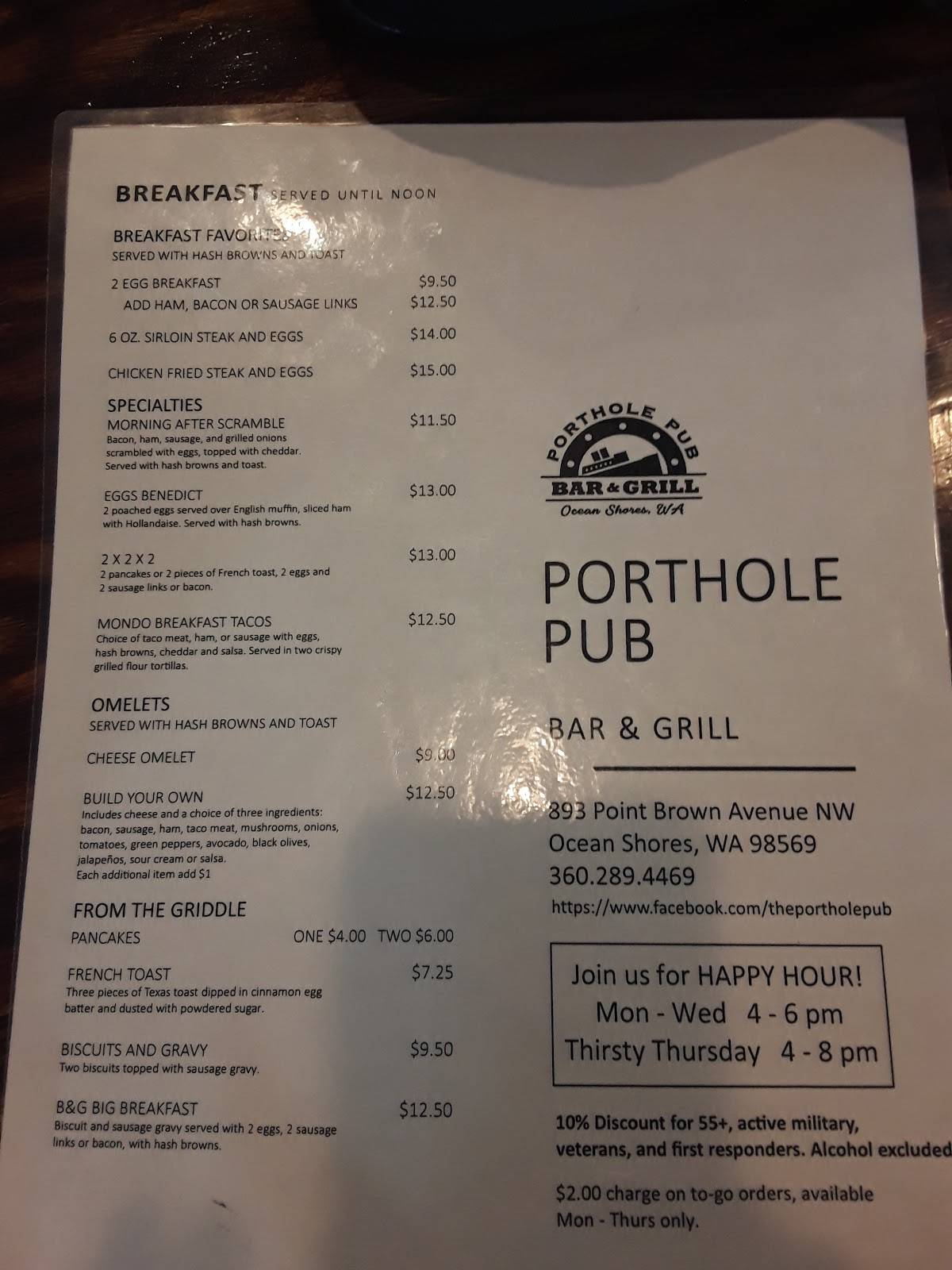 Menu at Porthole Pub Bar & Grill, Ocean Shores