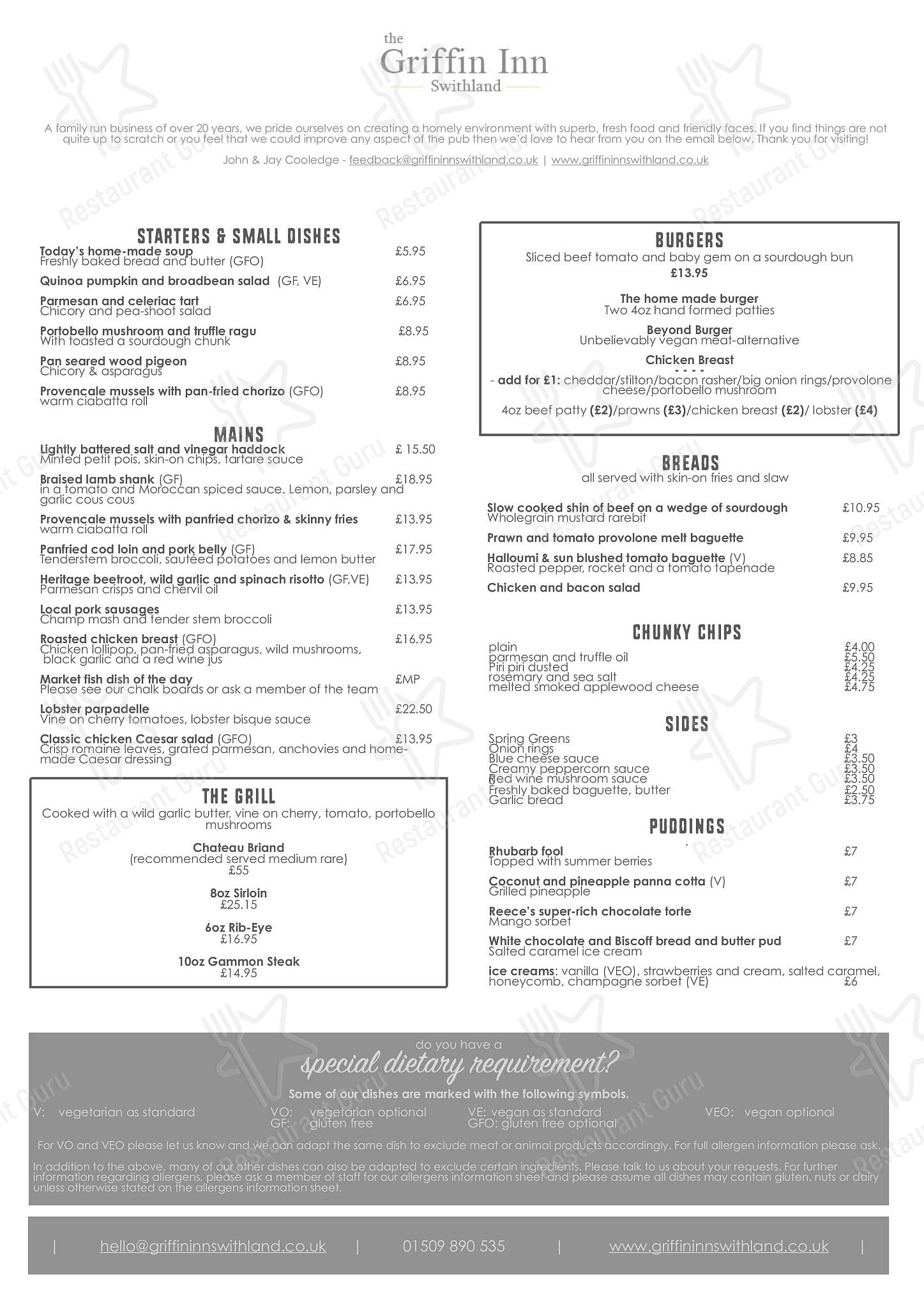 Menu at The Griffin Inn - Swithland pub & bar, Swithland, 174 Main St