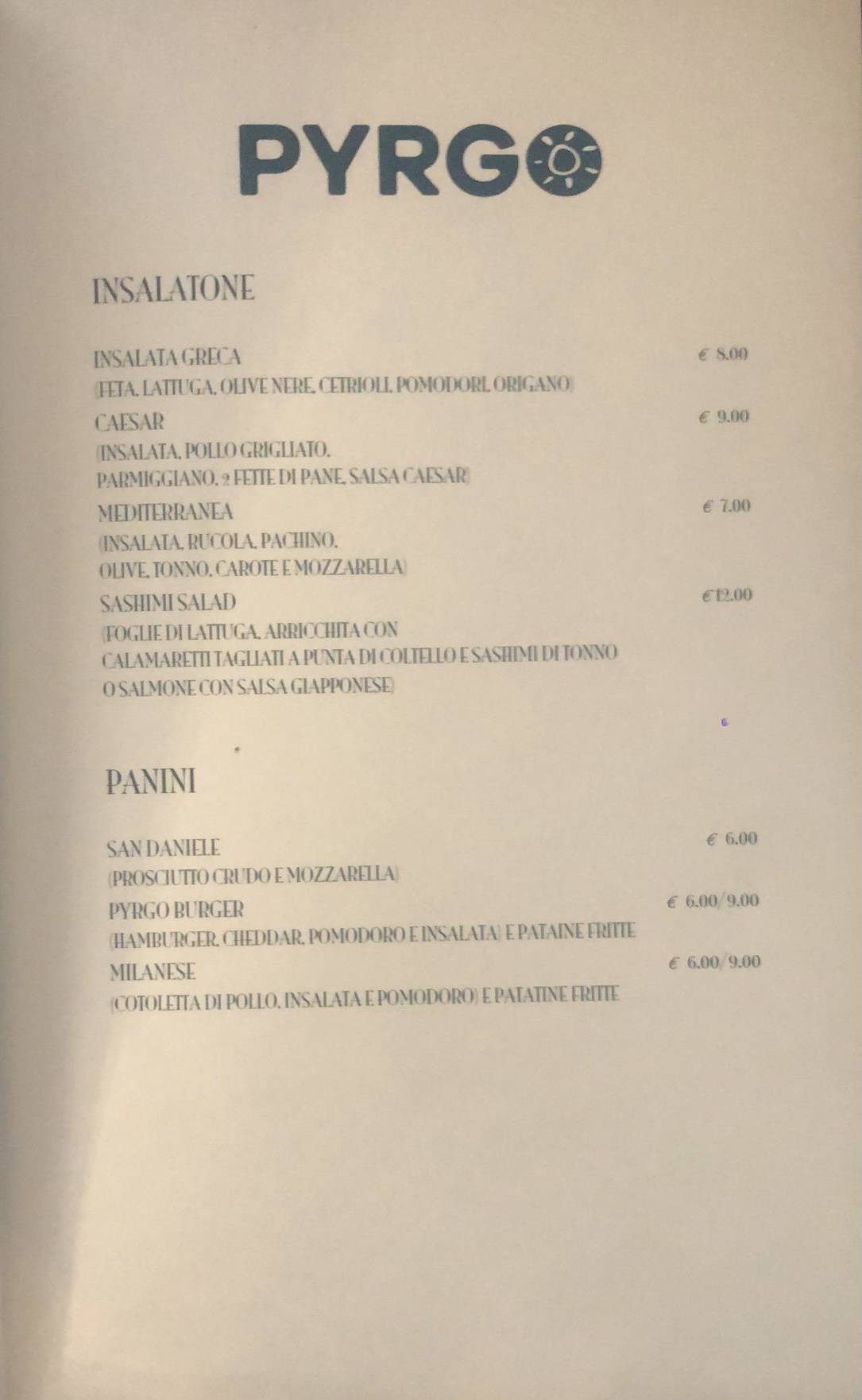 Menu at Pyrgo restaurant, Civitavecchia, Via Duca D'Aosta