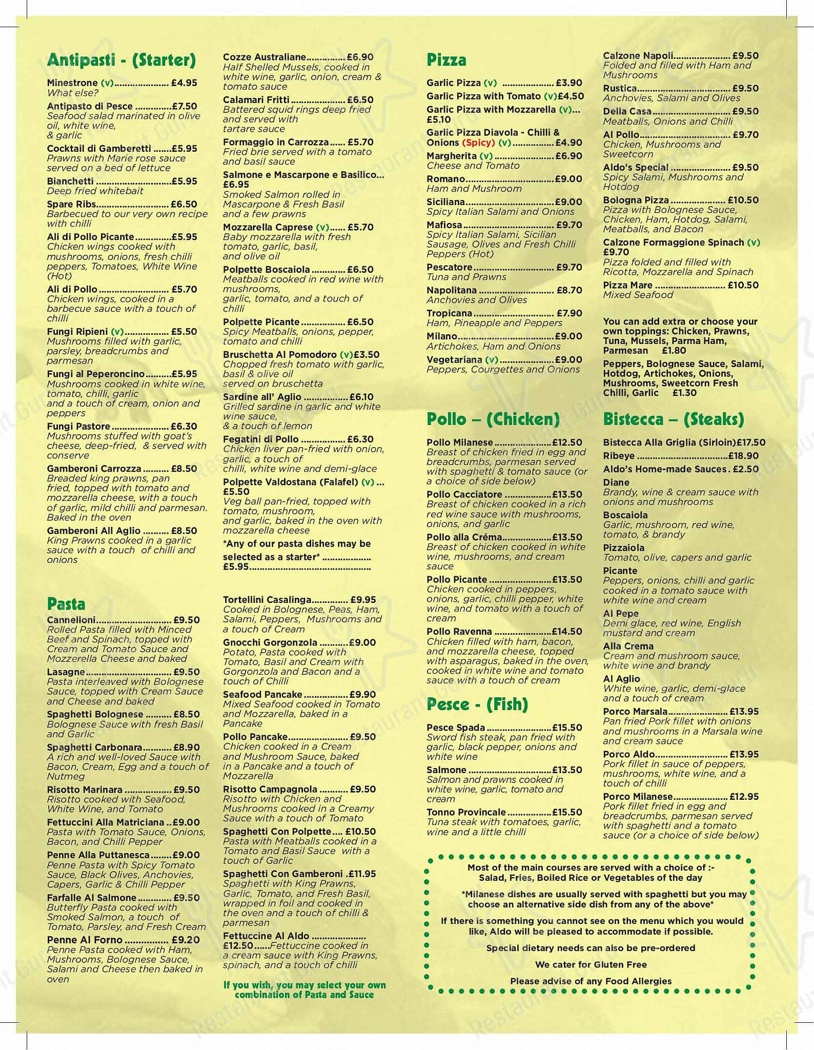 Menu at Aldo Due Ltd restaurant, Burnley