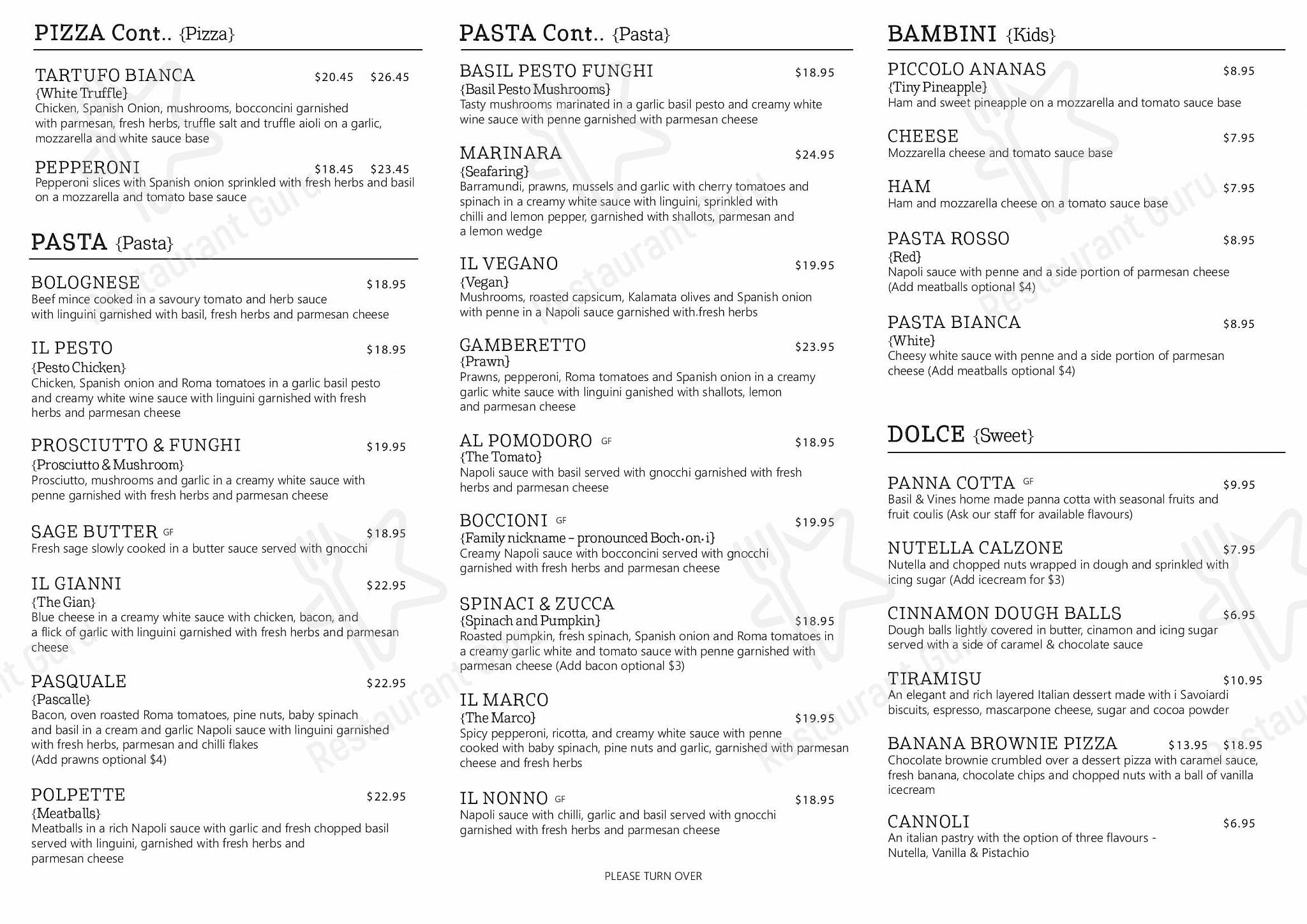 Menu at Basil & Vine restaurant, Burpengary