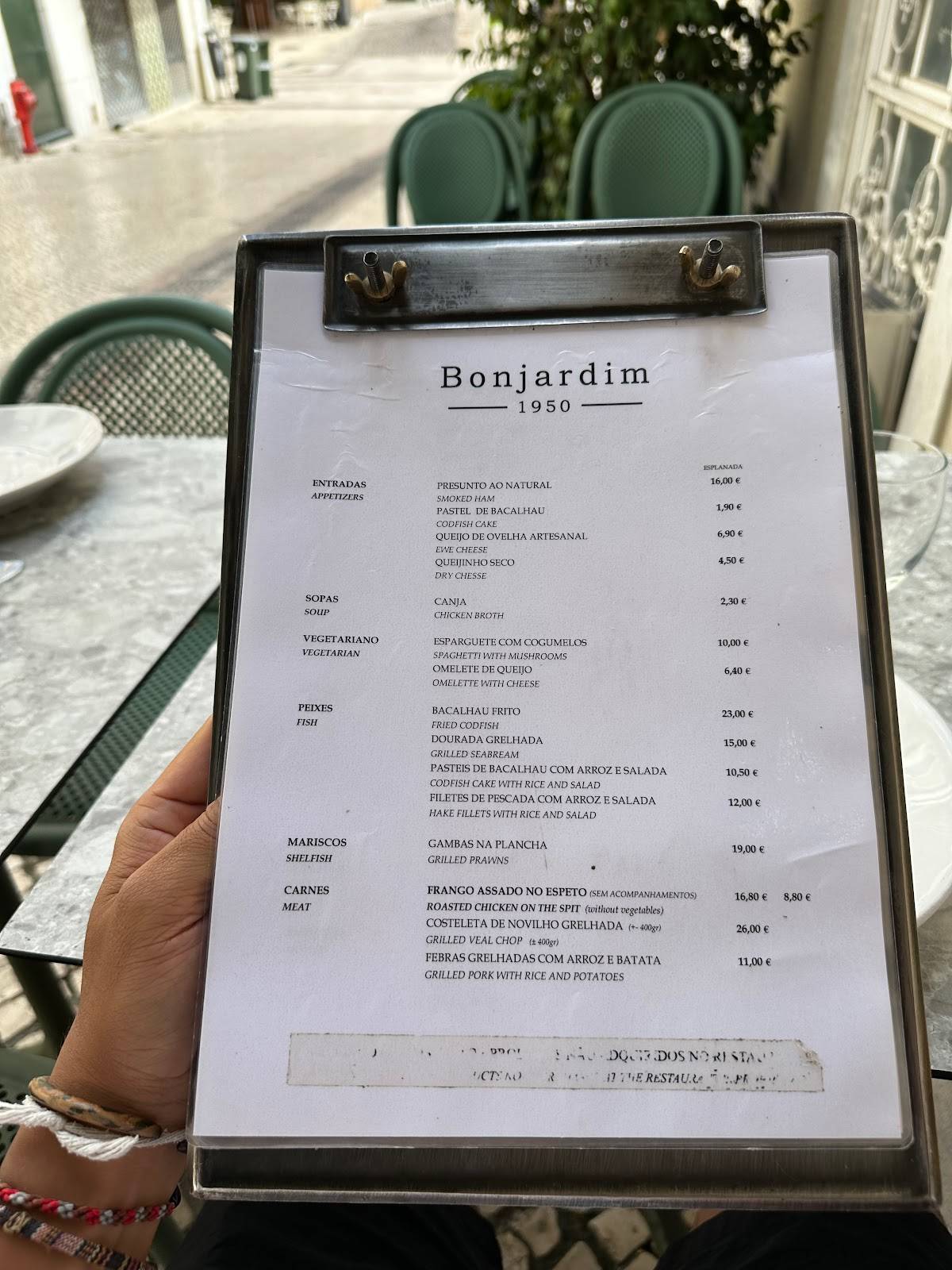 Menu at Bonjardim restaurant, Lisbon, Tv. de Santo Antão 11