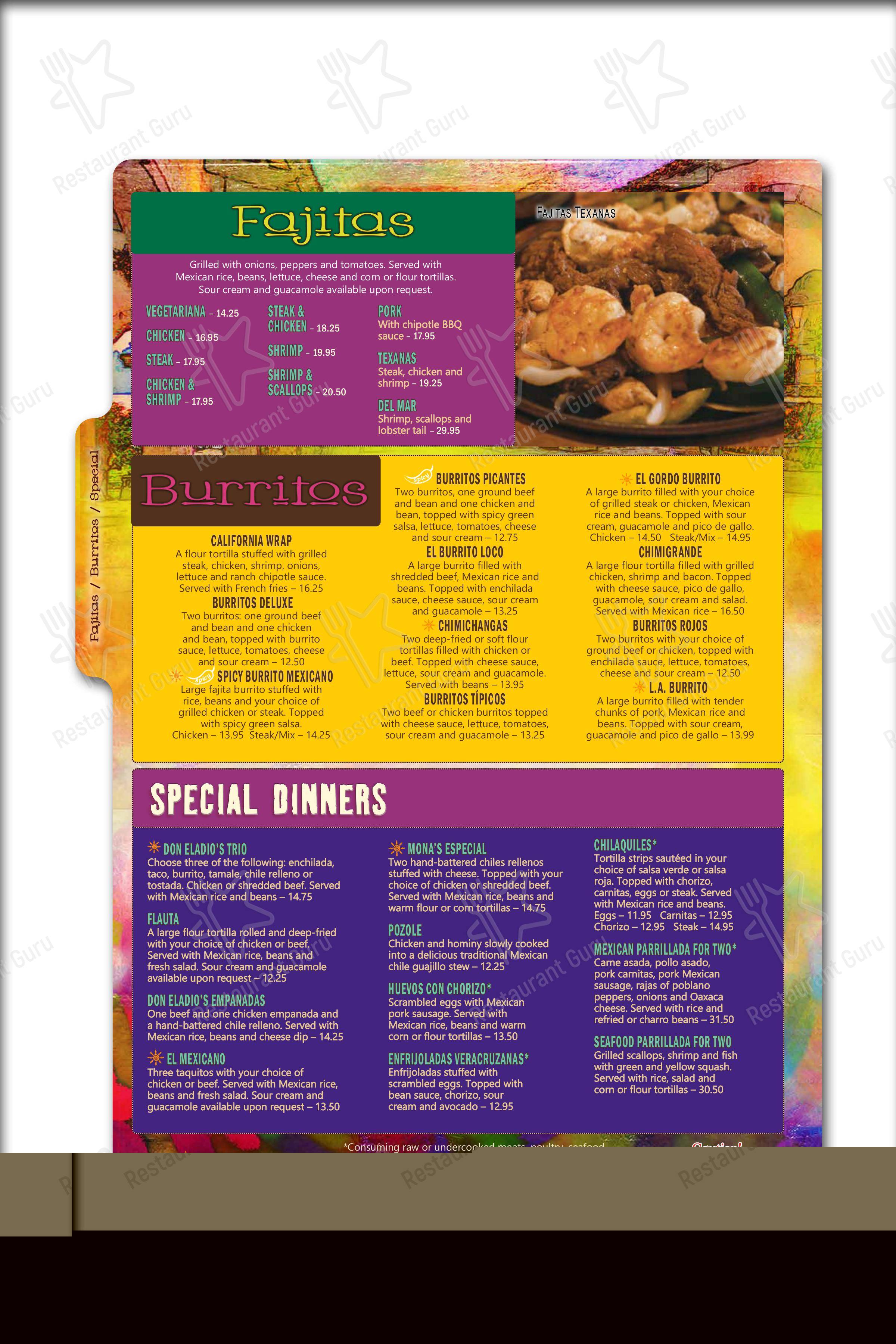 Menu at Don Eladio's Cantina restaurant, Dahlgren