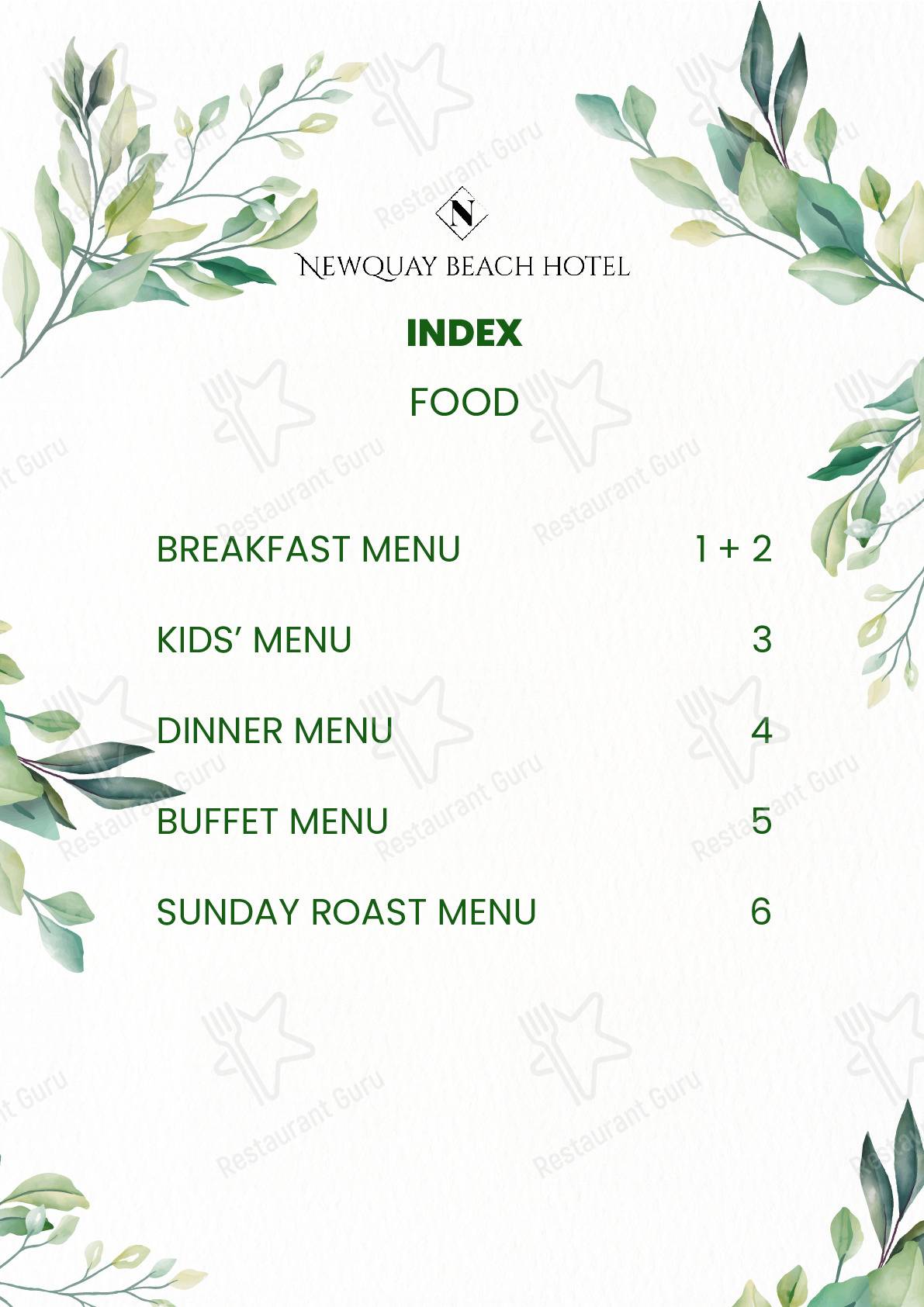 Menu at Feather Restaurant and Cocktail Bar at Newquay Beach Hotel, Newquay