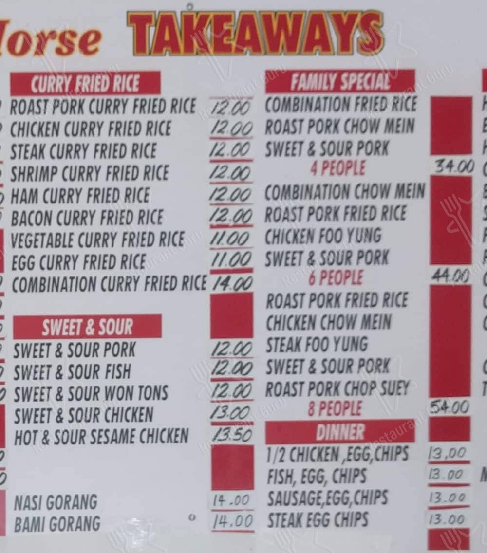 Menu at Golden Horse Takeaway restaurant, Lower Hutt