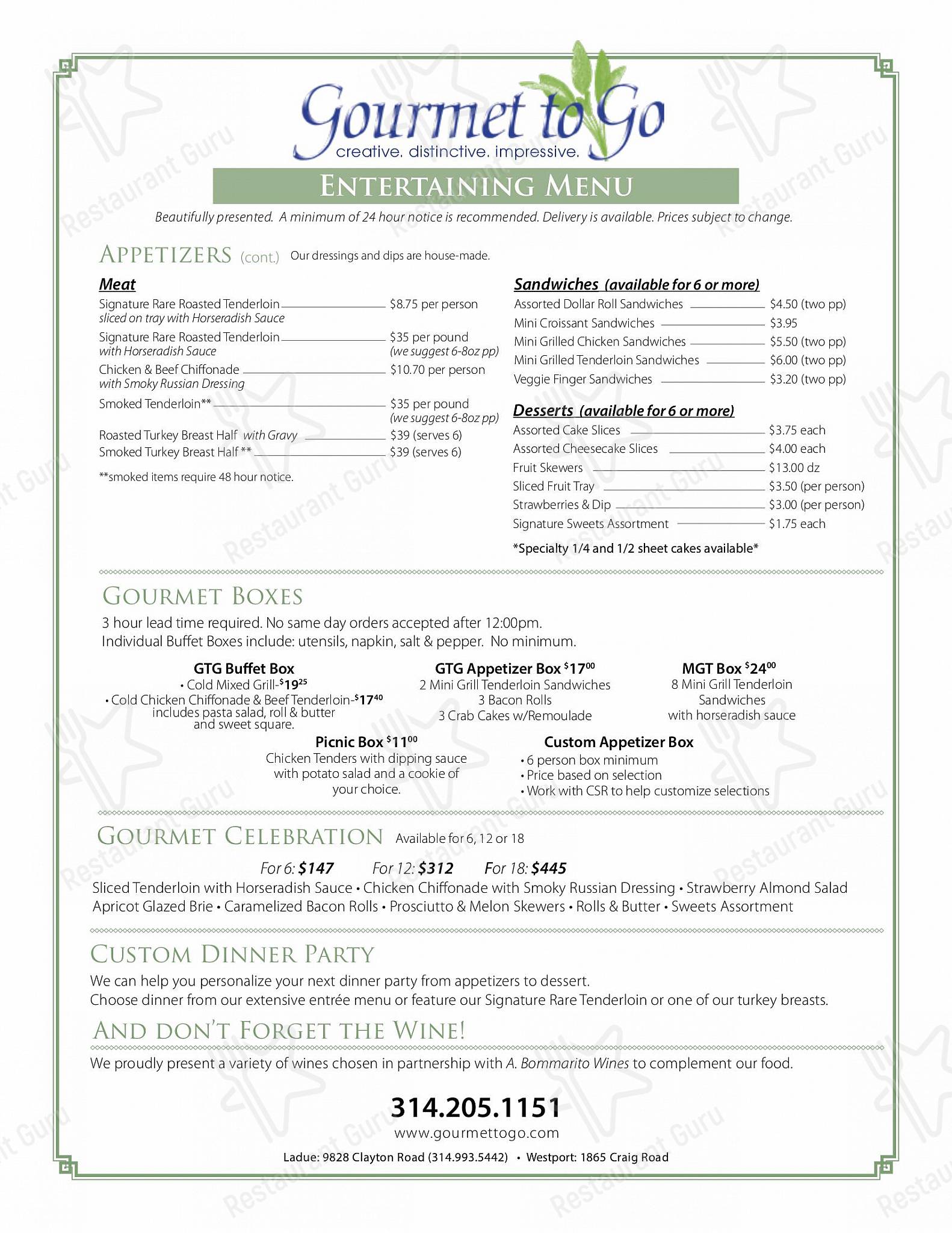 Menu at Gourmet to Go restaurant, Ladue, Clayton Rd