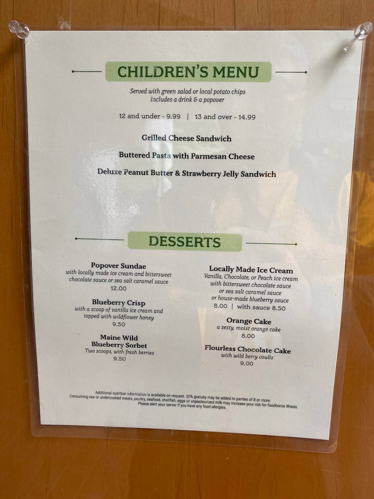 Menu at Jordan Pond House Restaurant, Mount Desert, Park Loop Rd