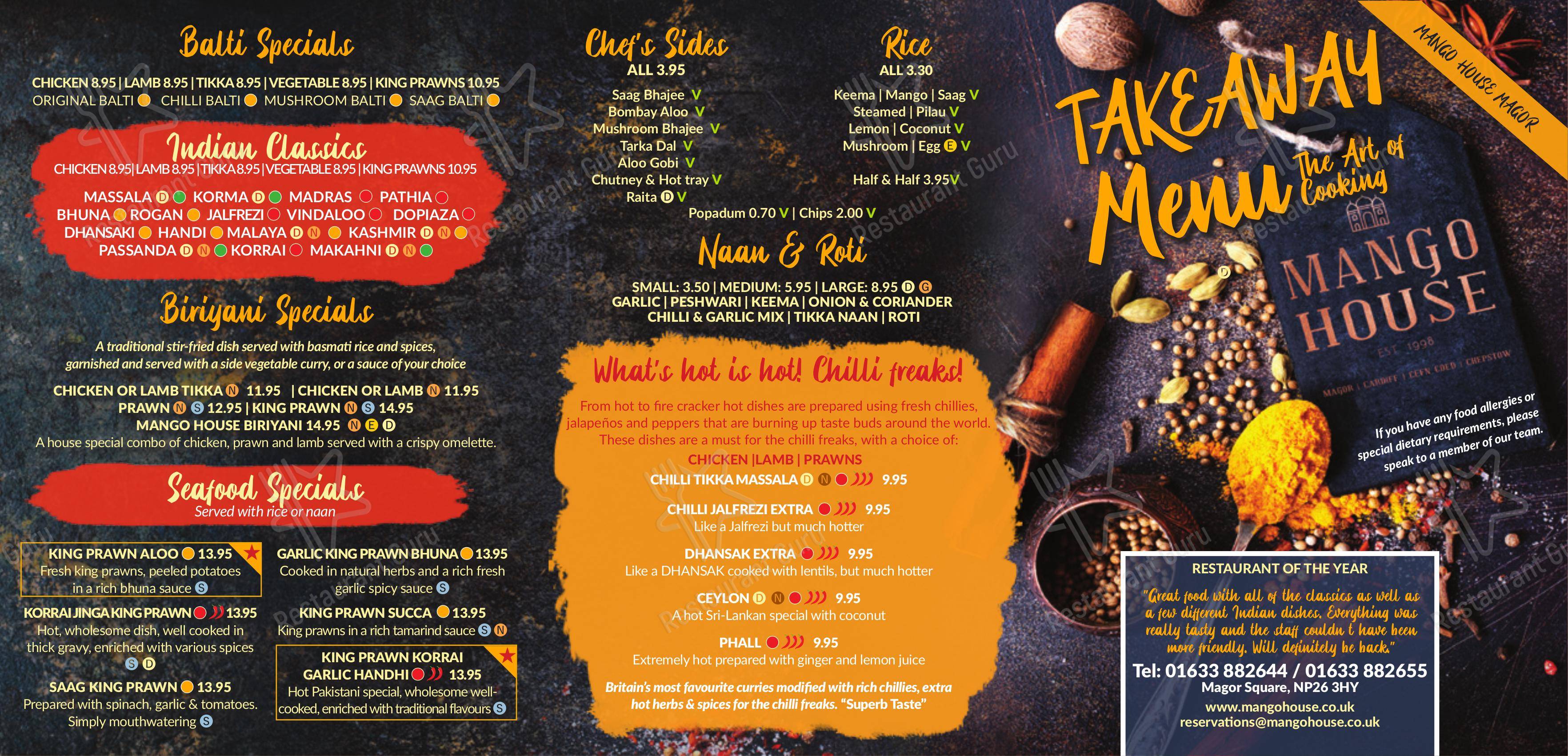 Menu at Mango House Restaurant, Merthyr Tydfil
