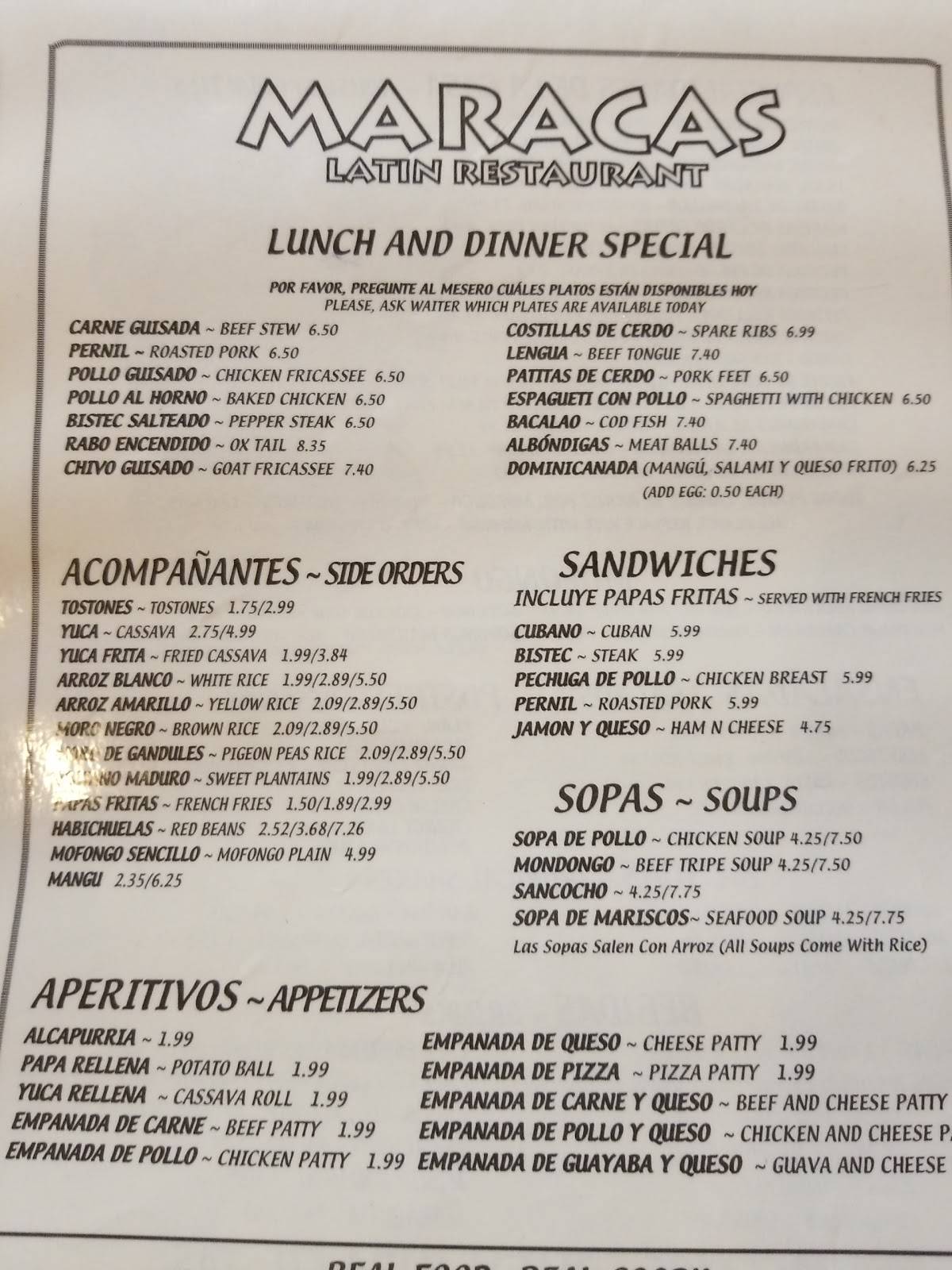 Menu at Maracas Restaurant, Kissimmee, S Orange Blossom Trail