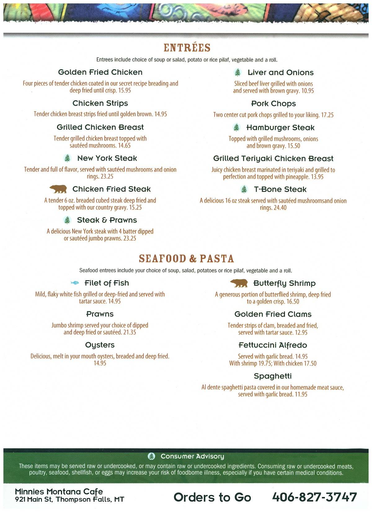 Menu at Minnie's Montana Cafe, Thompson Falls