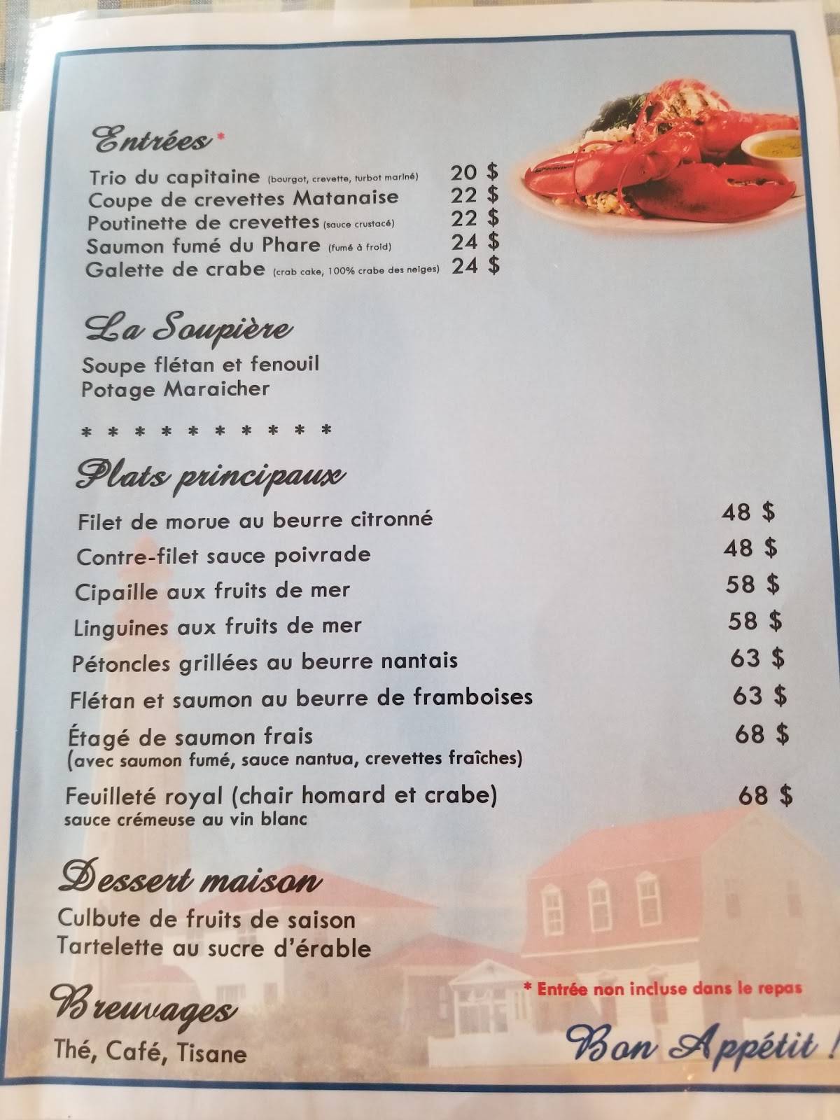 Menu au Restaurant du Phare, Rimouski