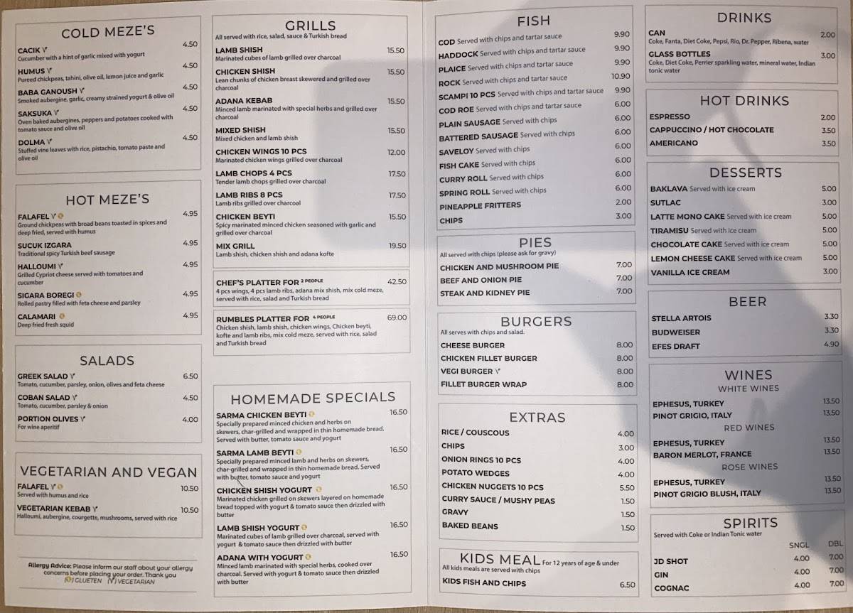 Menu at Rumbles Fish Bar, Sawtry