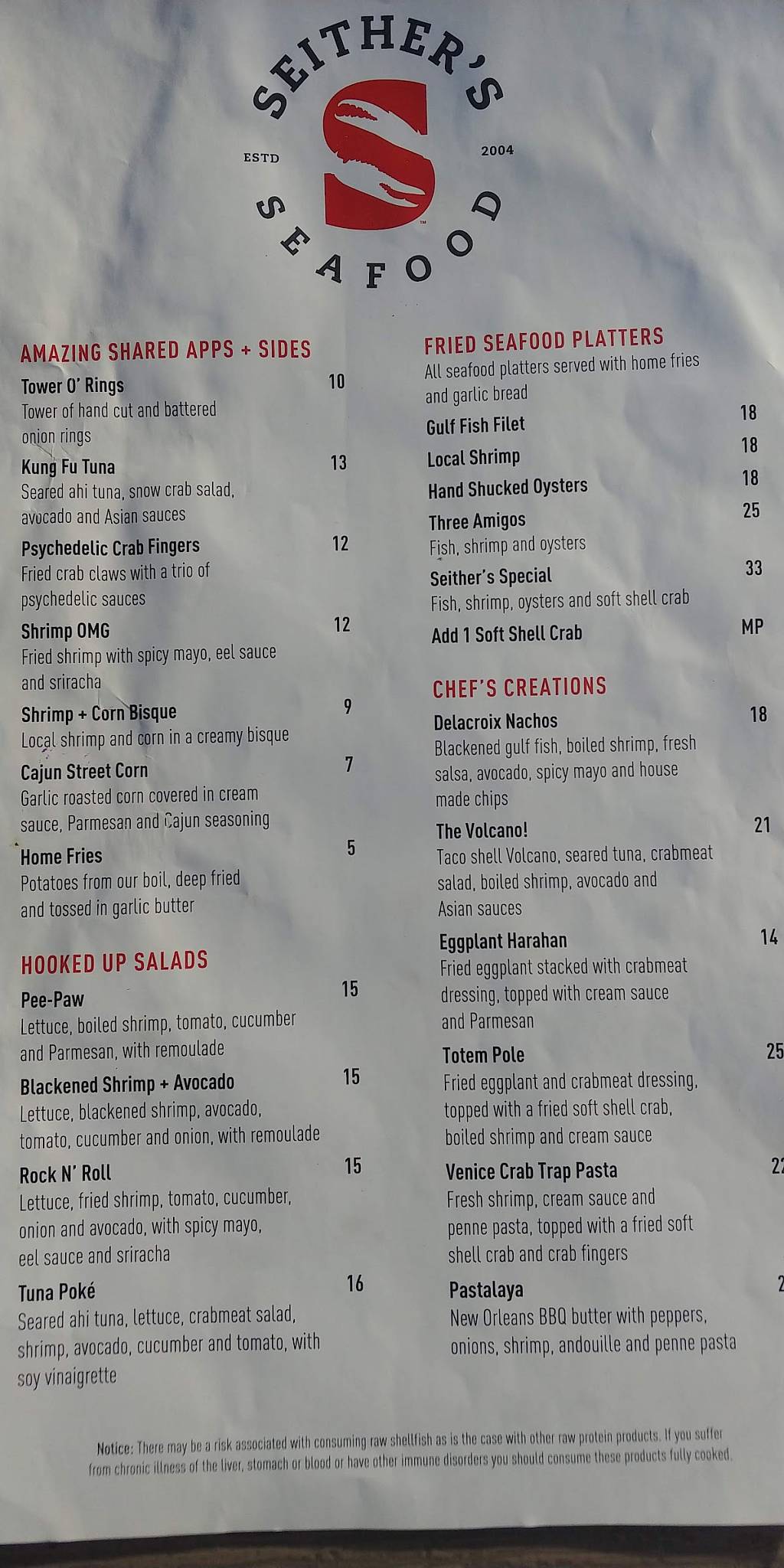Menu at Seithers Seafood restaurant, Harahan