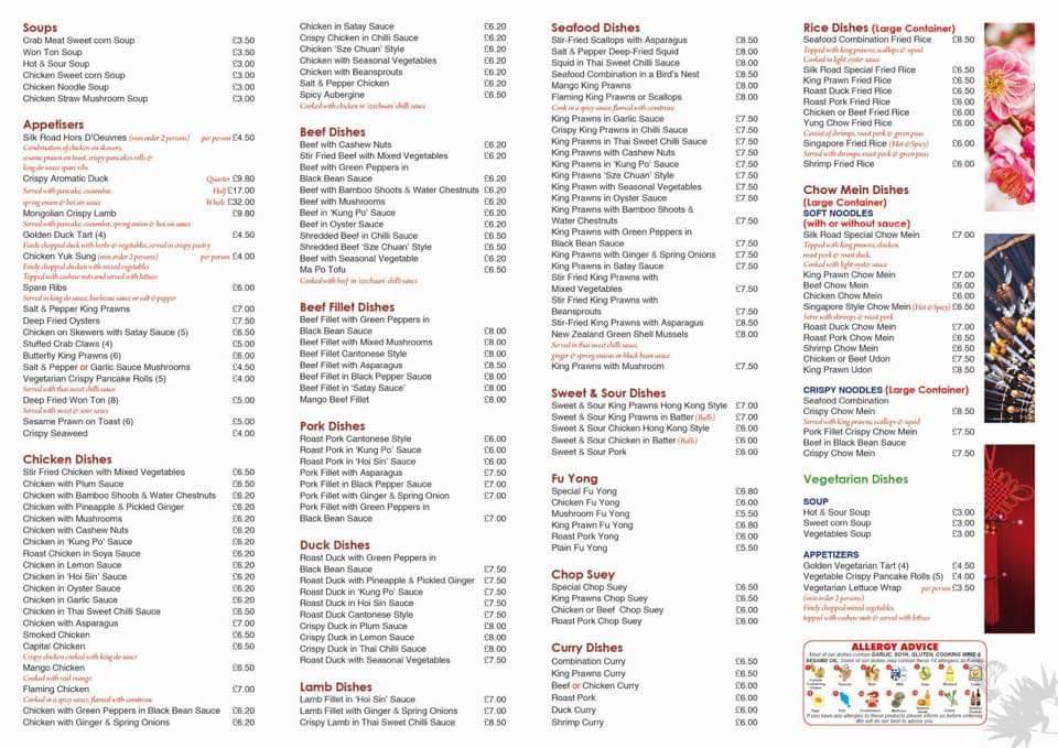 Menu at Silk Road II restaurant, Heacham